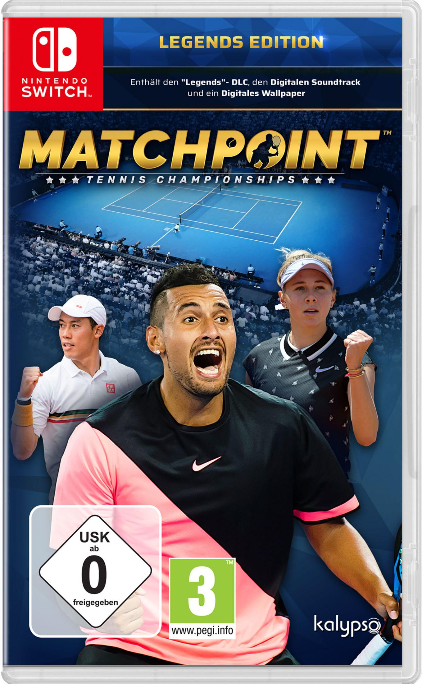 Nintendo Switch-Spielcover: Matchpoint Tennis Championships. Spieler auf einem Platz. Legends Edition Text.