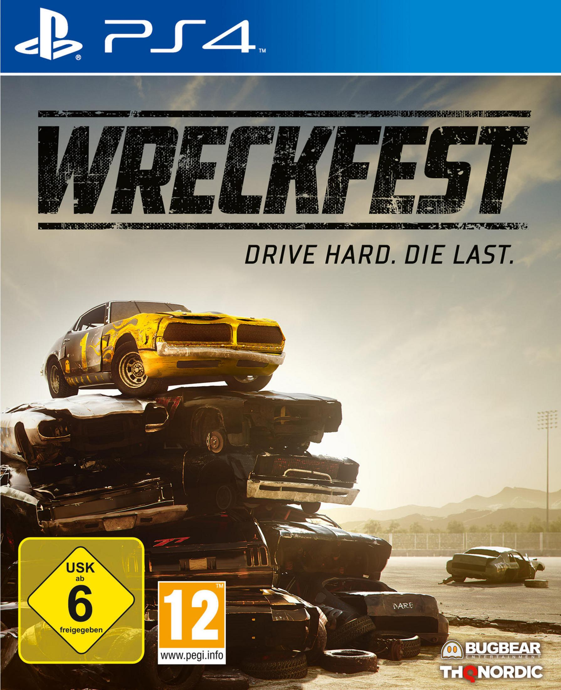 Wreckfest-Spielbox. Zeigt ein gecrashtes gelbes Auto, andere Autos, Titel und Spiellogo mit PEGI-Bewertung.