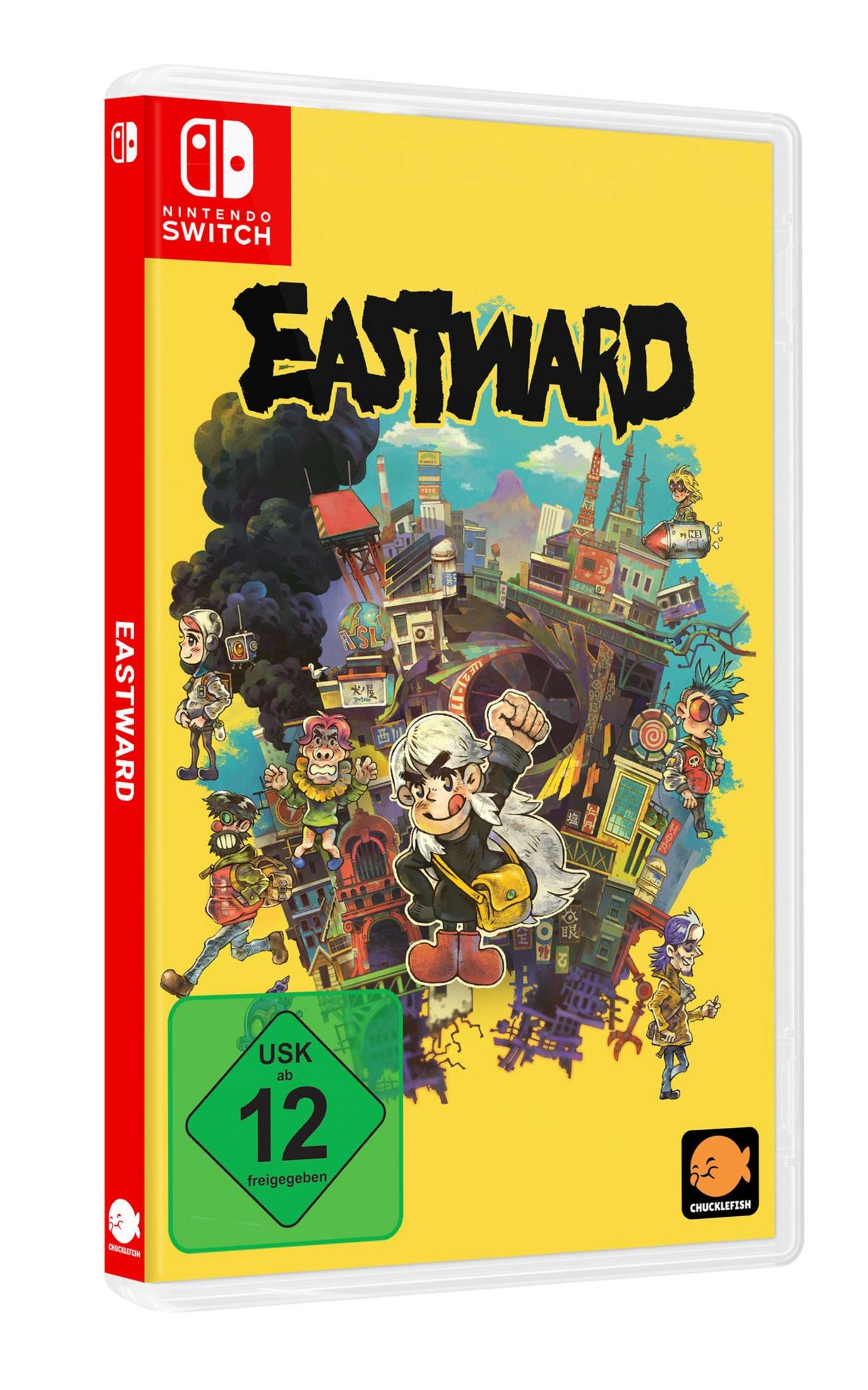 Eastward Nintendo Switch Spielbox mit stilisierter Zeichnung auf gelbem Hintergrund.