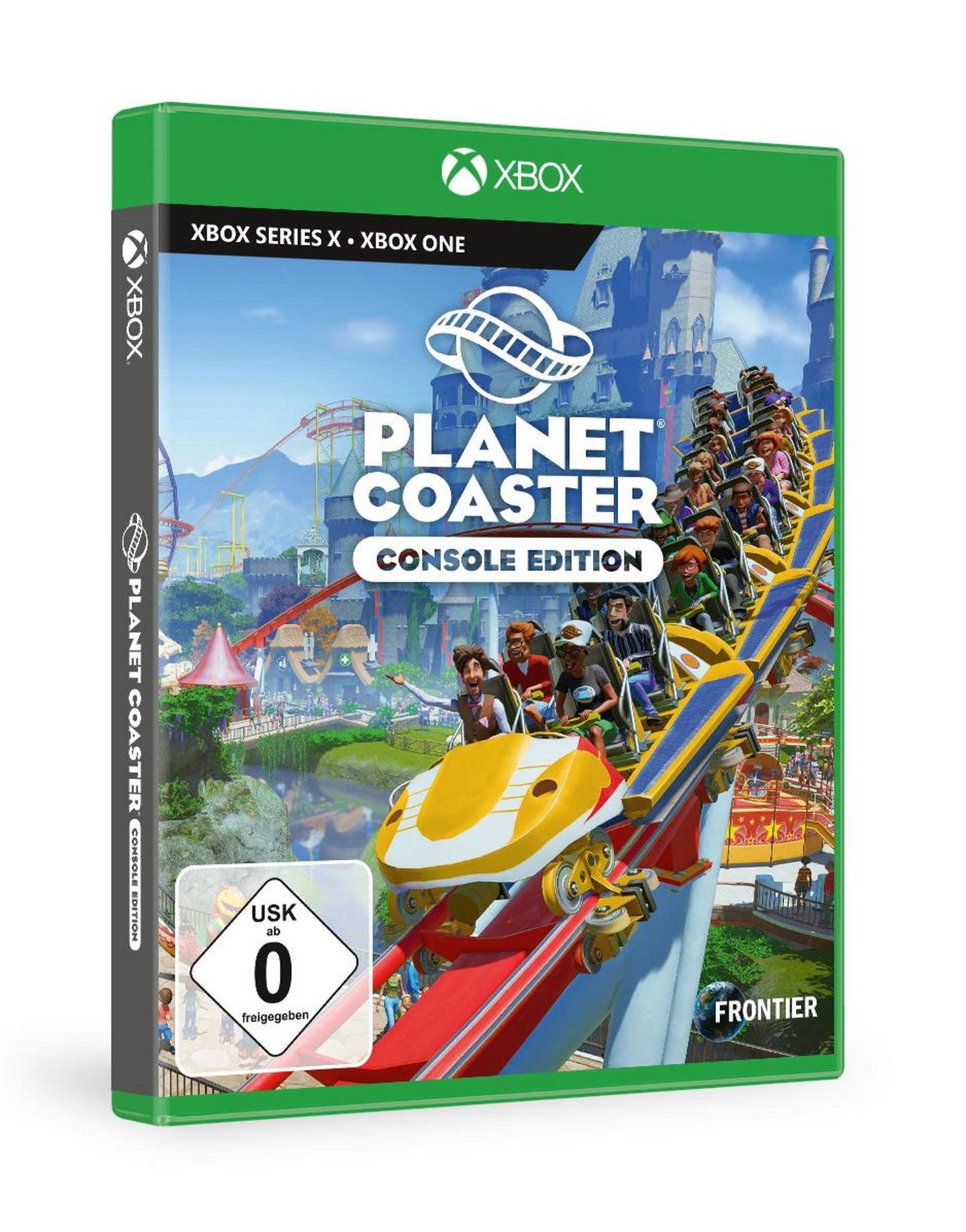 Eine Xbox-Spielbox mit dem Titel Planet Coaster, mit einer Achterbahn und Parkbesuchern.