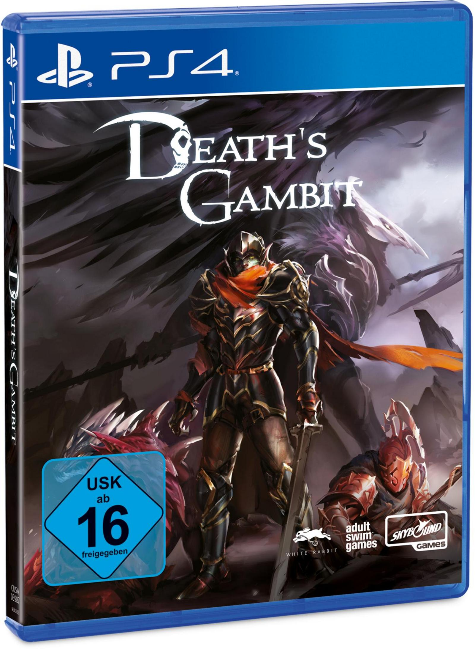 Die PS4-Spielverpackung für 'Death's Gambit', mit einem Ritter mit Schwert und dunklem Hintergrund.