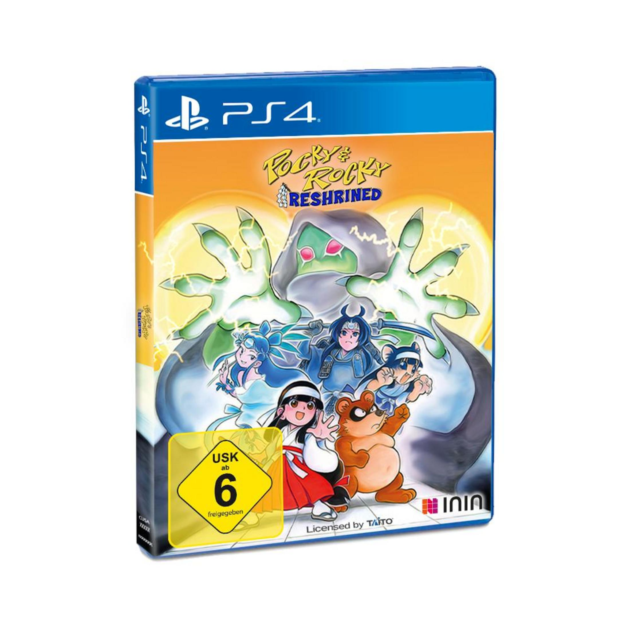 Pocky & Rocky Reshrined PS4 Spielbox, mit Zeichentrickfiguren.