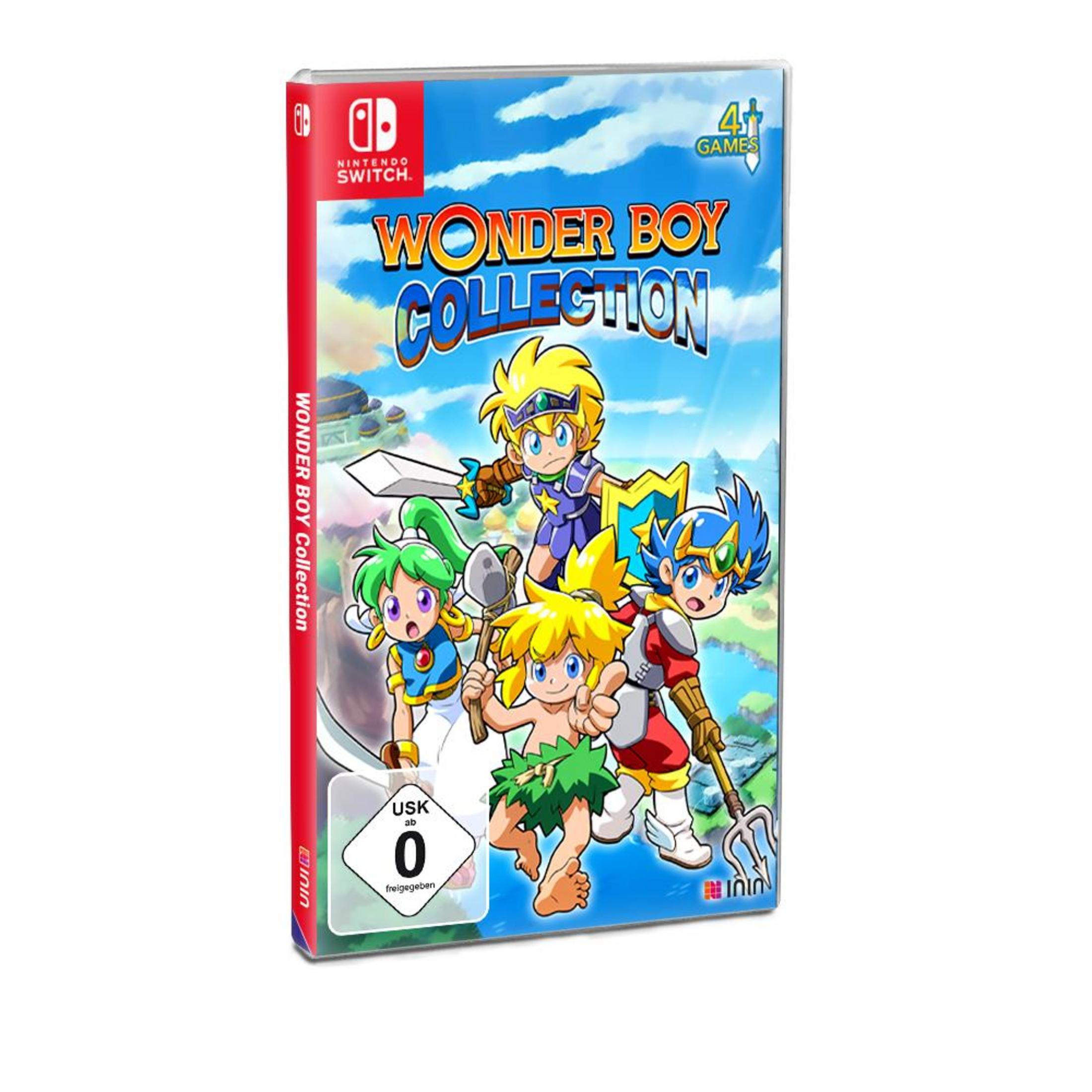 Wonder Boy Collection Spielcover. Cartoon-Charaktere mit Waffen auf farbenfrohem Hintergrund.