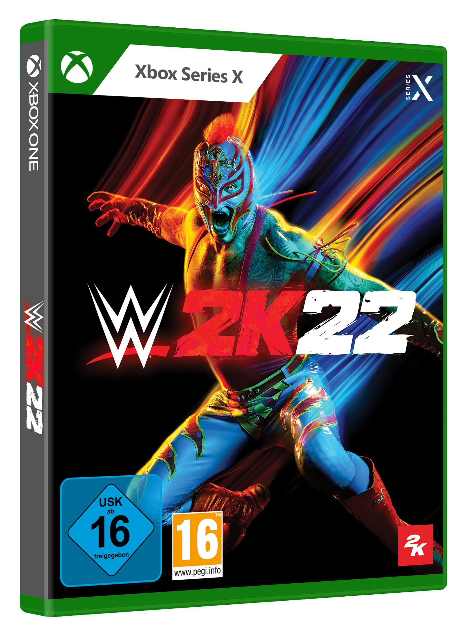 WWE 2K22 Spielbox mit Wrestler auf dem Cover, grün-schwarzer Hintergrund.