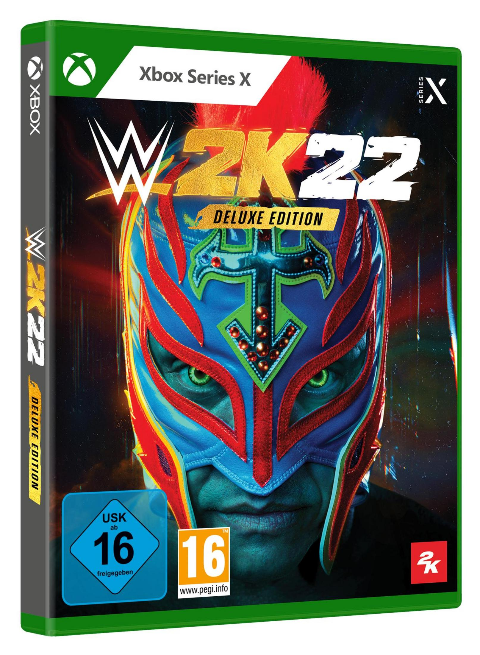 Xbox Series X-Spielcover: WWE 2K22, mit einem Wrestler mit Maske.