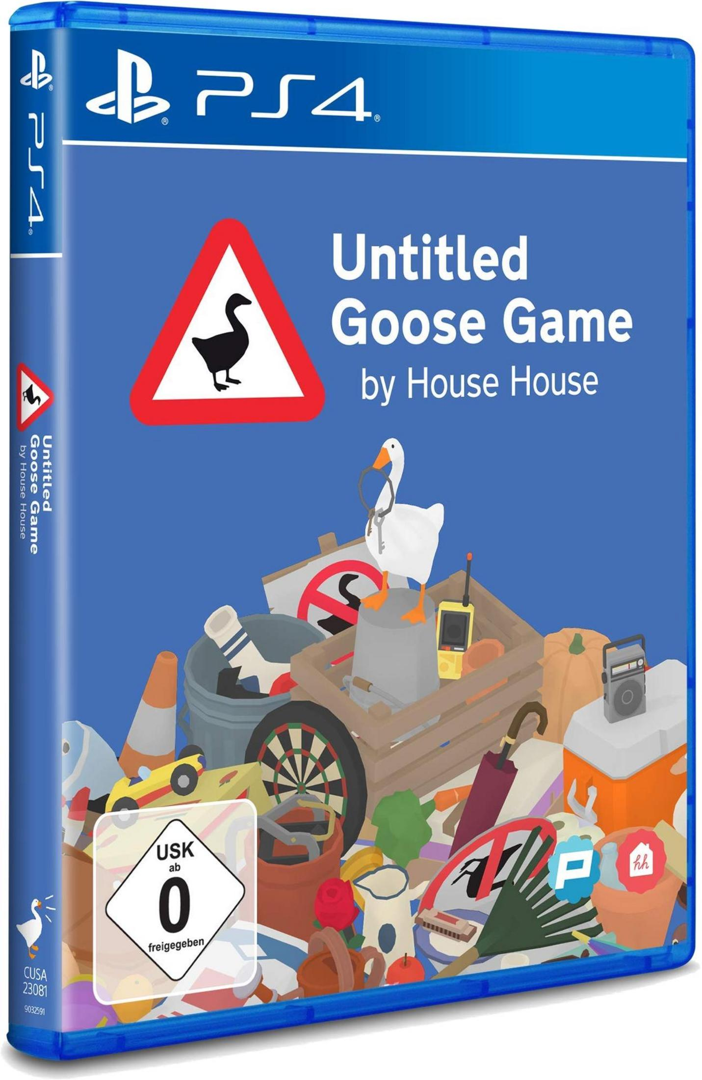 Jaquette du jeu Untitled Goose Game. Comporte une oie et divers objets. Fond bleu.