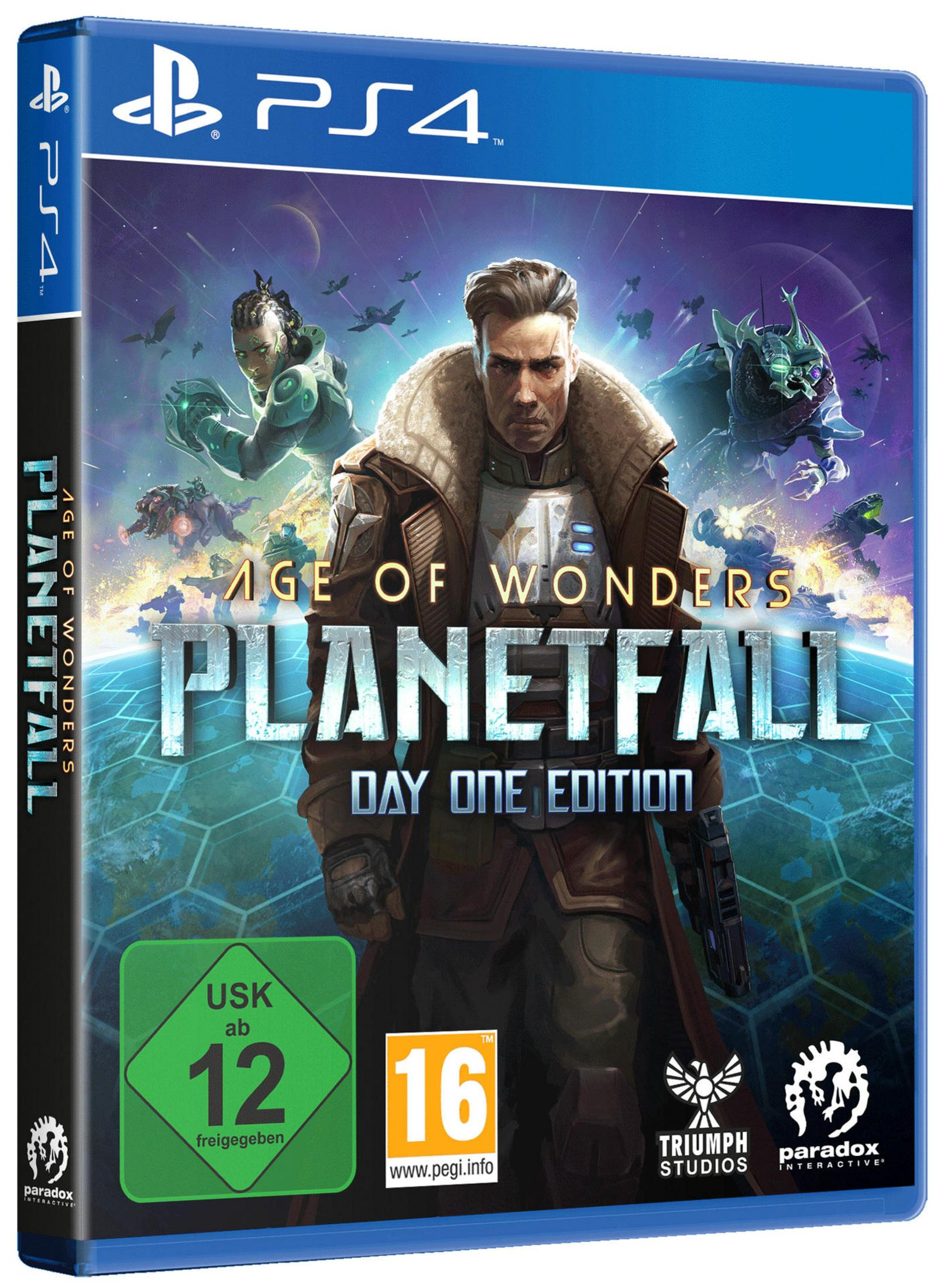PS4-Spielbox, Weltraumthema. Mann im Zentrum, umgeben von außerirdischen Kreaturen und Raumschiffen. Blau- und Lilatöne.