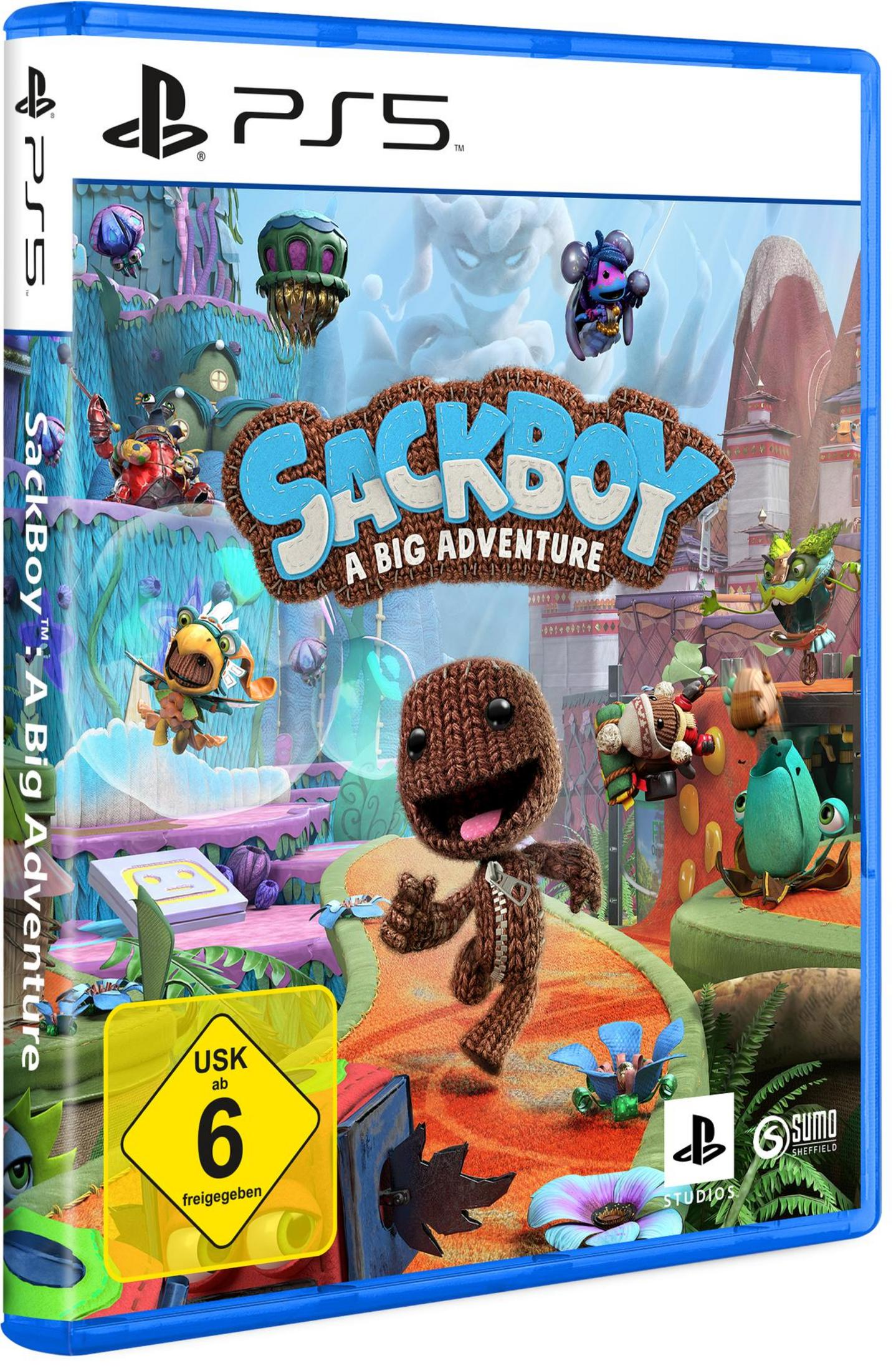 Sackboy: A Big Adventure PS5-Spielhülle. Zeigt Sackboy in einer bunten Welt.