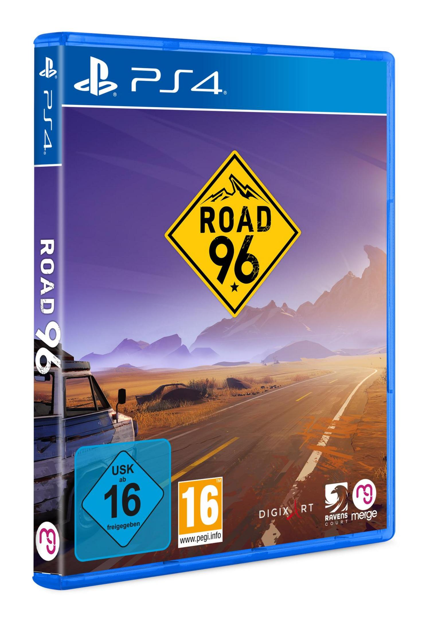 PS4-Spielbox für 'Road 96', mit Straßenschild und Auto auf Straße.