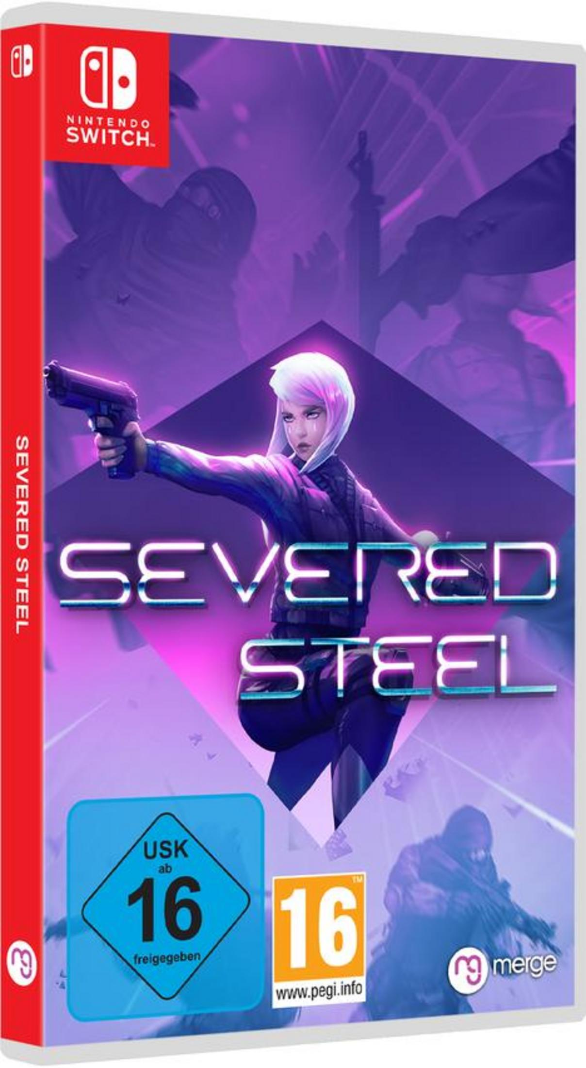Spielcover: Frau mit Waffe, Titel 'Severed Steel', Nintendo Switch Logo, lila Hintergrund.