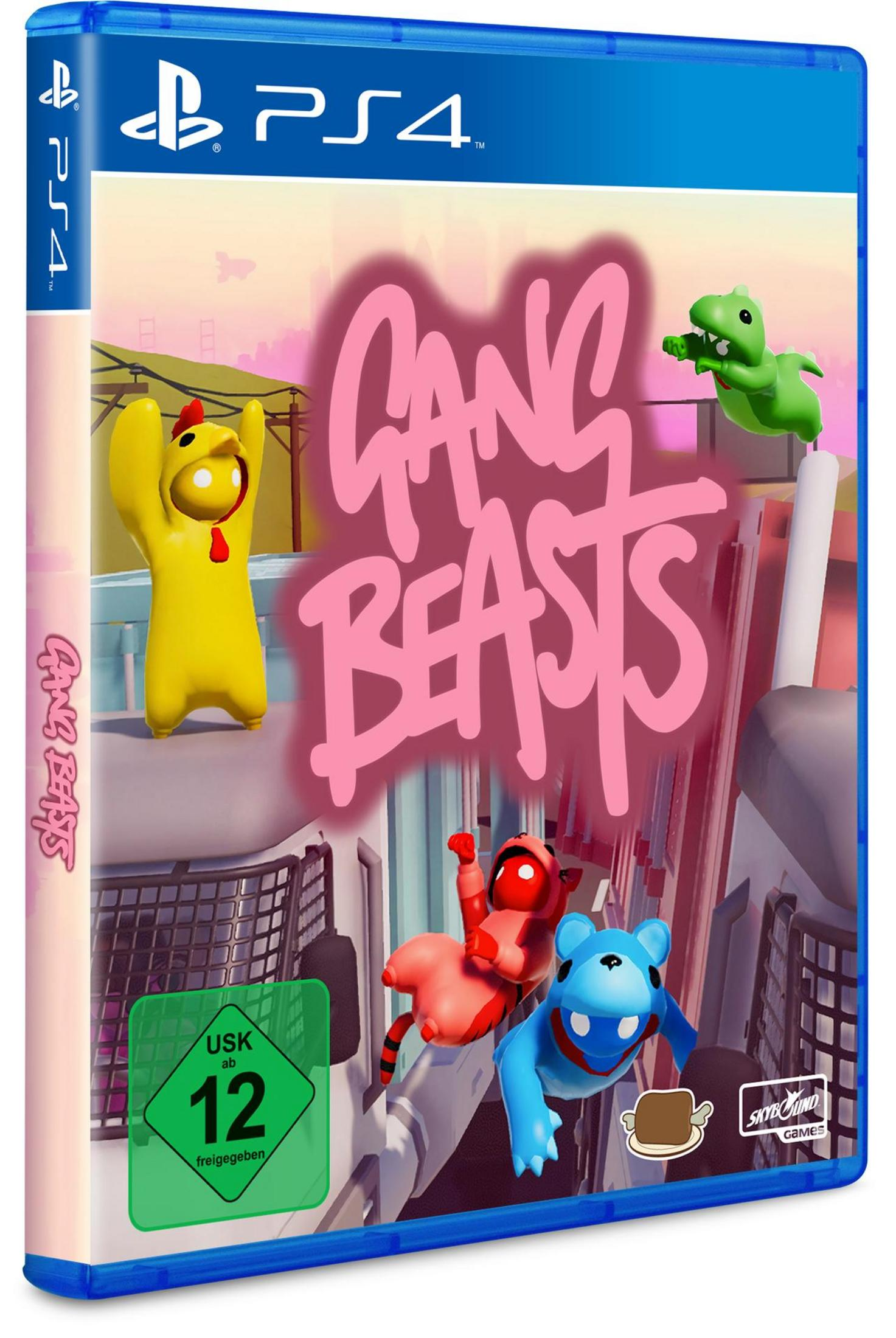 PS4-Spielhülle mit 'Gang Beasts' Titel und Charakteren, auf weißem Grund.