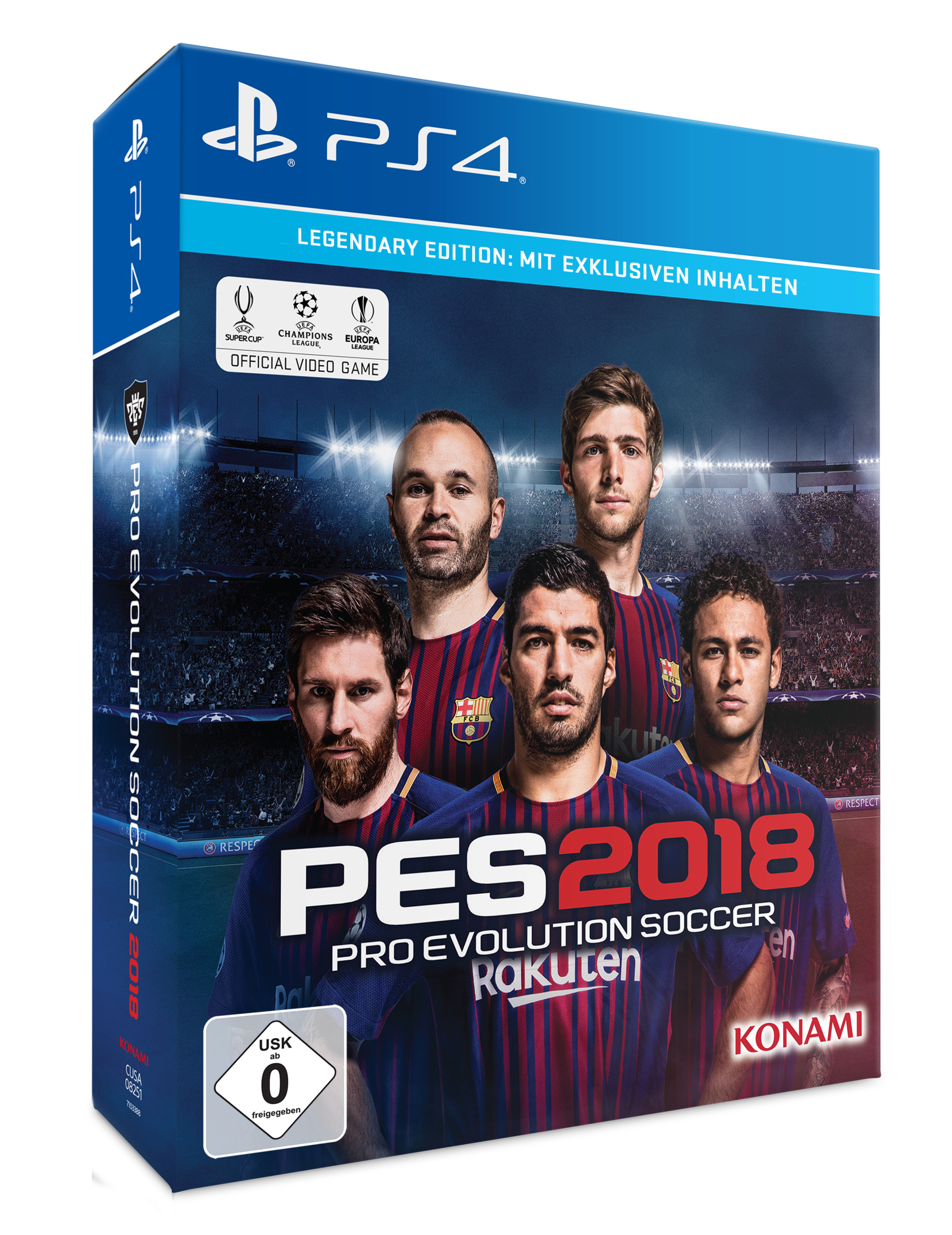 PES 2018-Spielbox: Fußballspieler auf dem Cover, PS4-Logo.