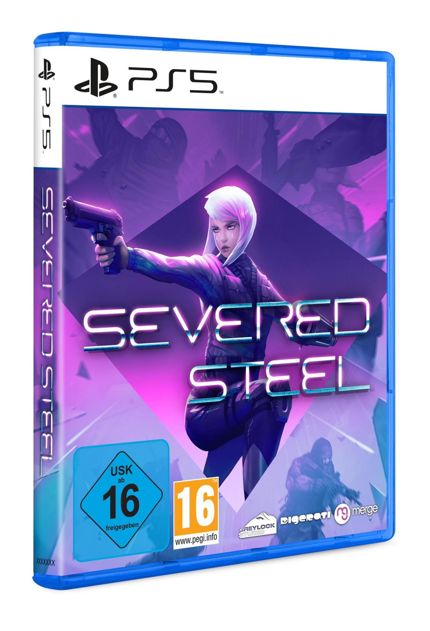 Eine PS5-Spielbox für Severed Steel, die eine weibliche Figur mit einer Waffe zeigt.
