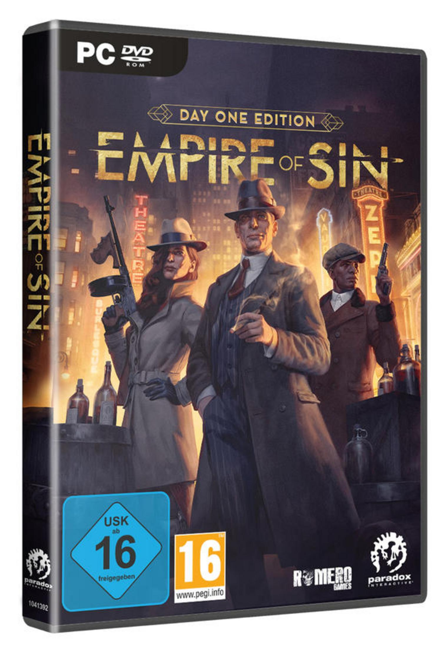 PC-Spielbox: Empire of Sin, mit Figuren im Noir-Stil.