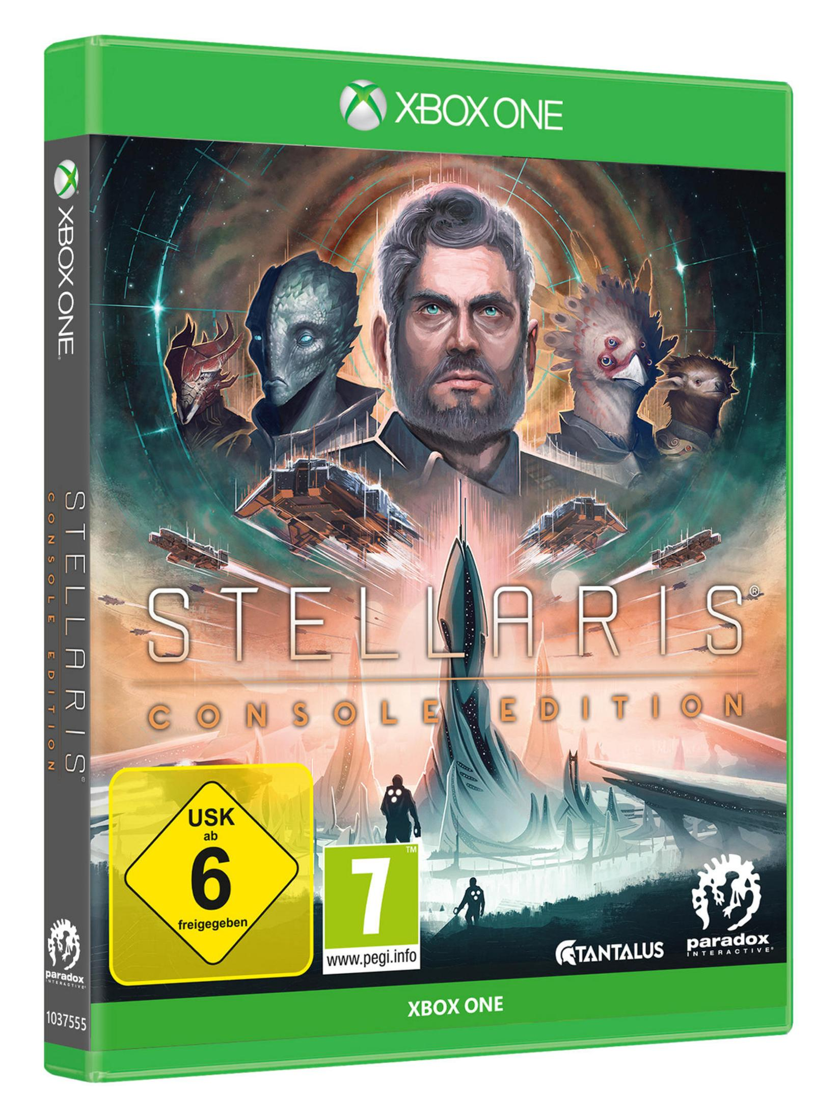 Spielhülle für Xbox One: Stellaris Console Edition. Futuristisches Stadtbild und Alien-Gesichter auf dem Cover.