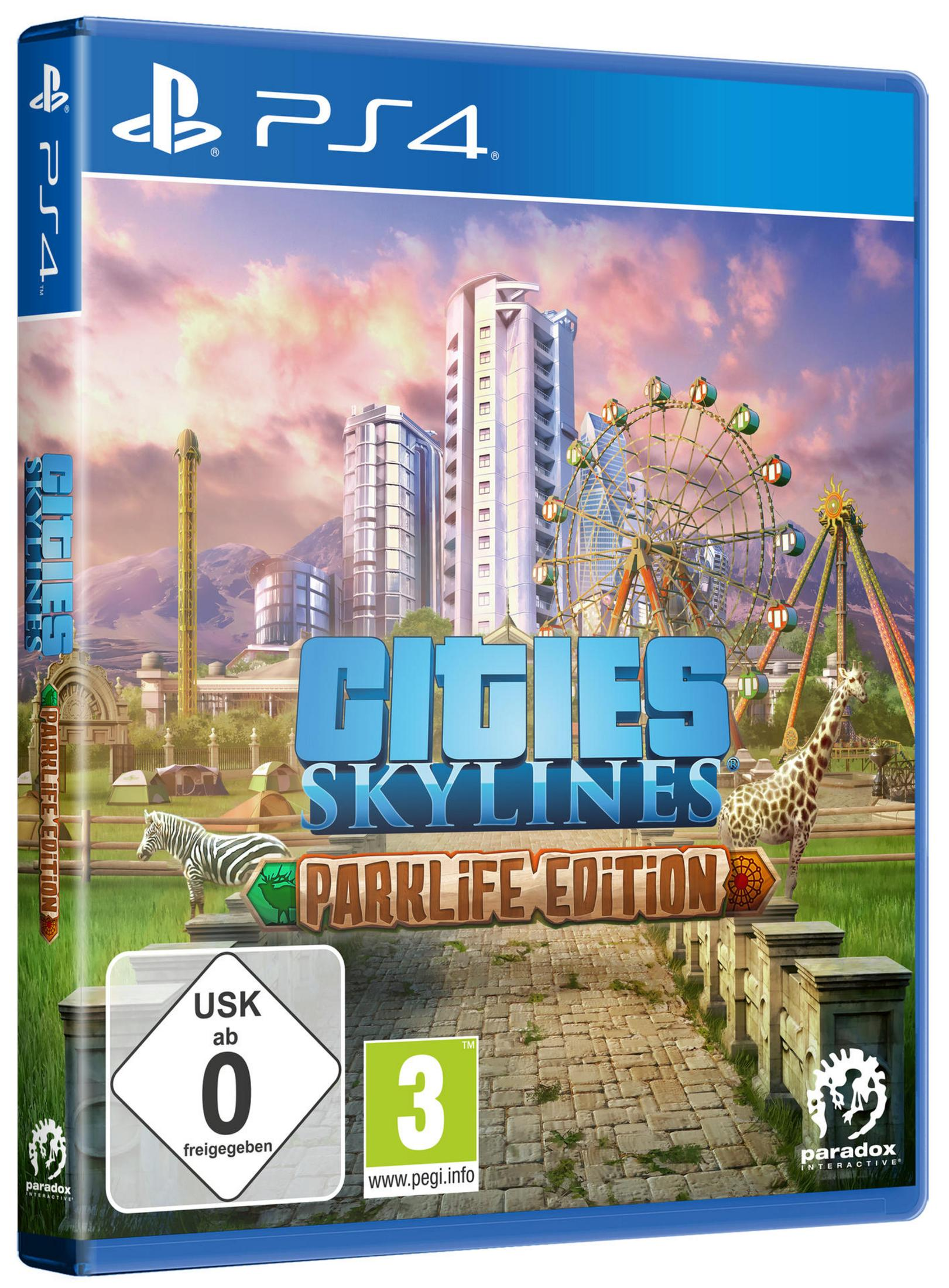 Eine PS4-Spielbox für Cities: Skylines - Parklife Edition, mit einer Stadt- und Parkszene.