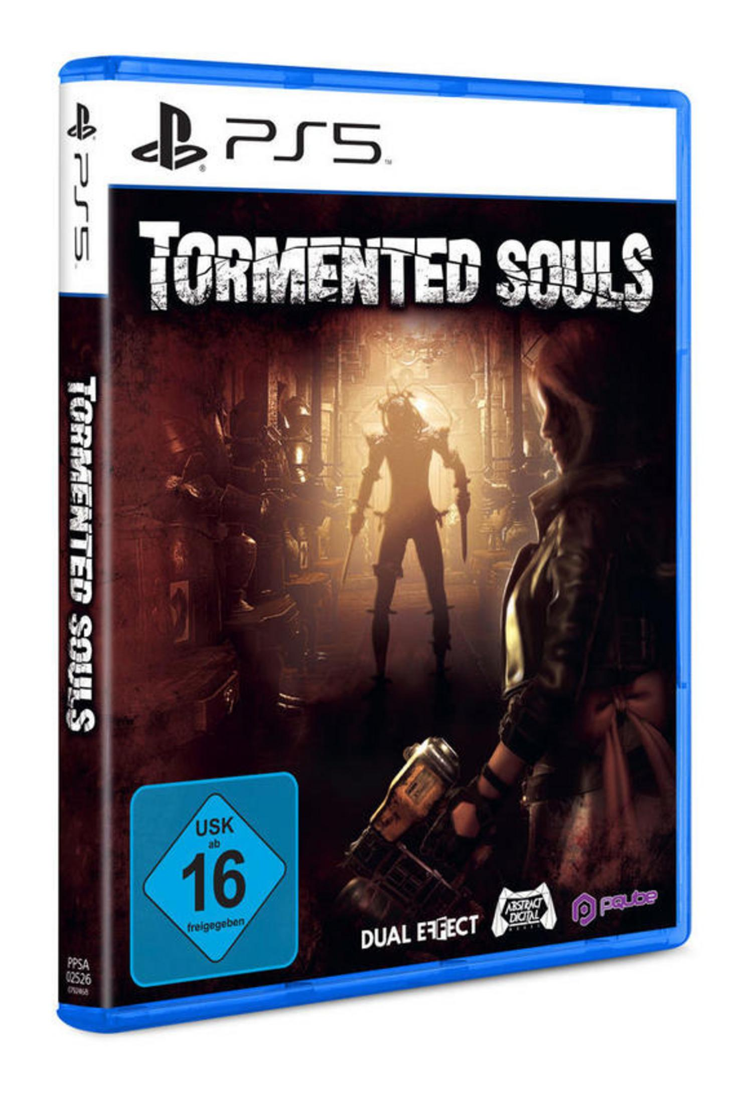Scatola del videogioco per PS5. Mostra una scena oscura di un personaggio che tiene un'arma. Il gioco è Tormented Souls.