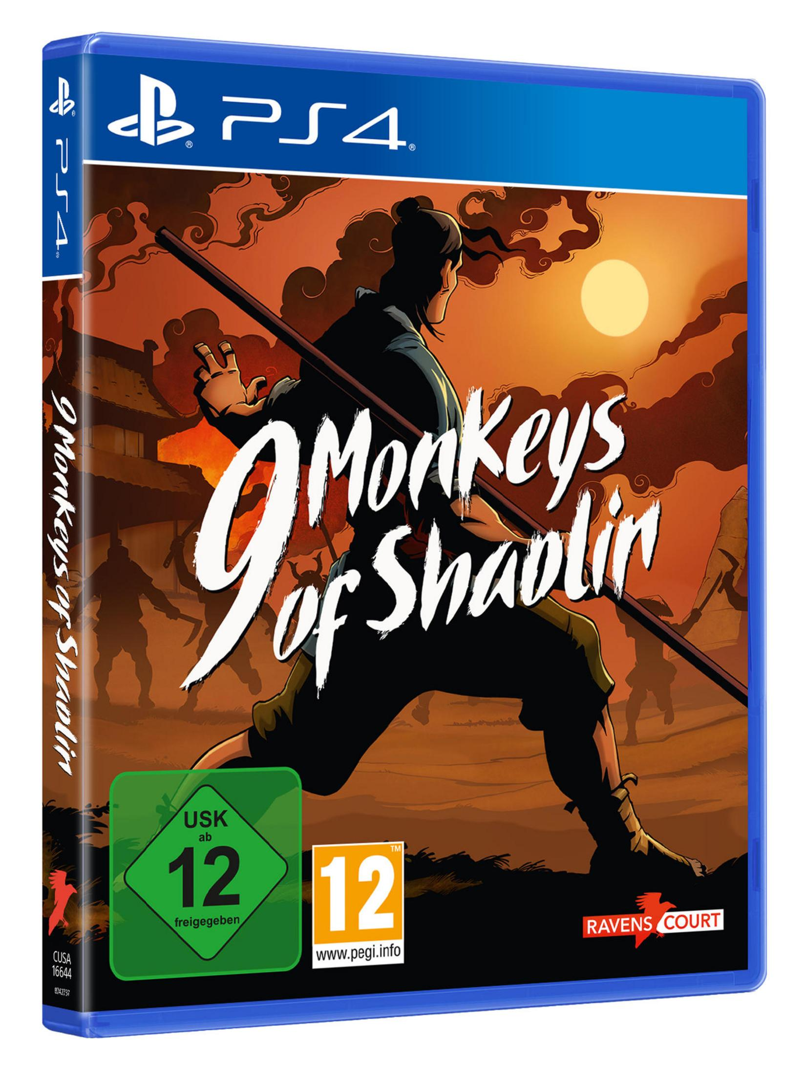 PS4-Spielbox. '9 Monkeys of Shaolin' Titel ist prominent, mit einer Figur, die einen Stab hält.