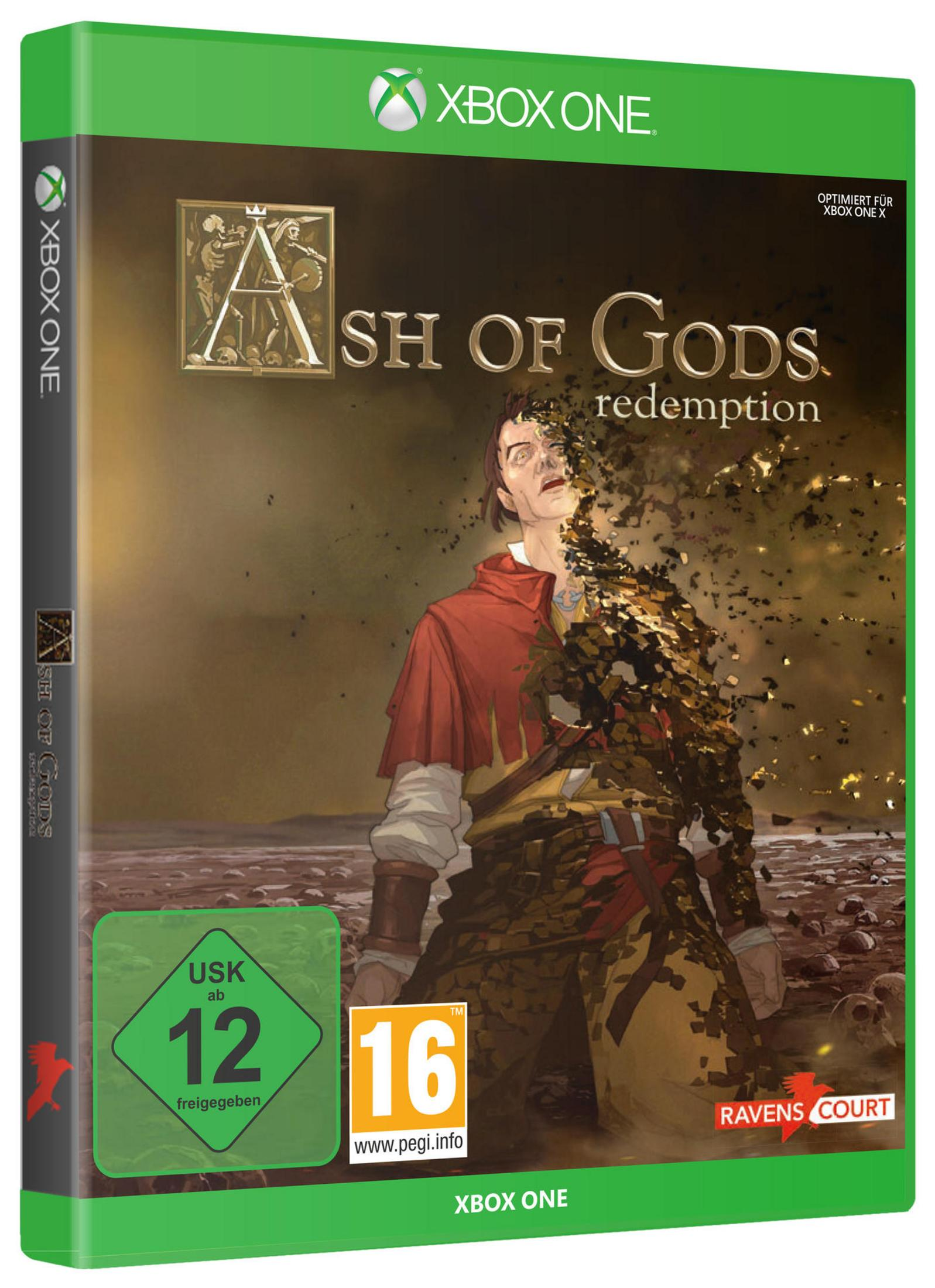 Xbox One Spielbox für Ash of Gods: Redemption, mit einer Figur und Spieldetails. Grüne Box.