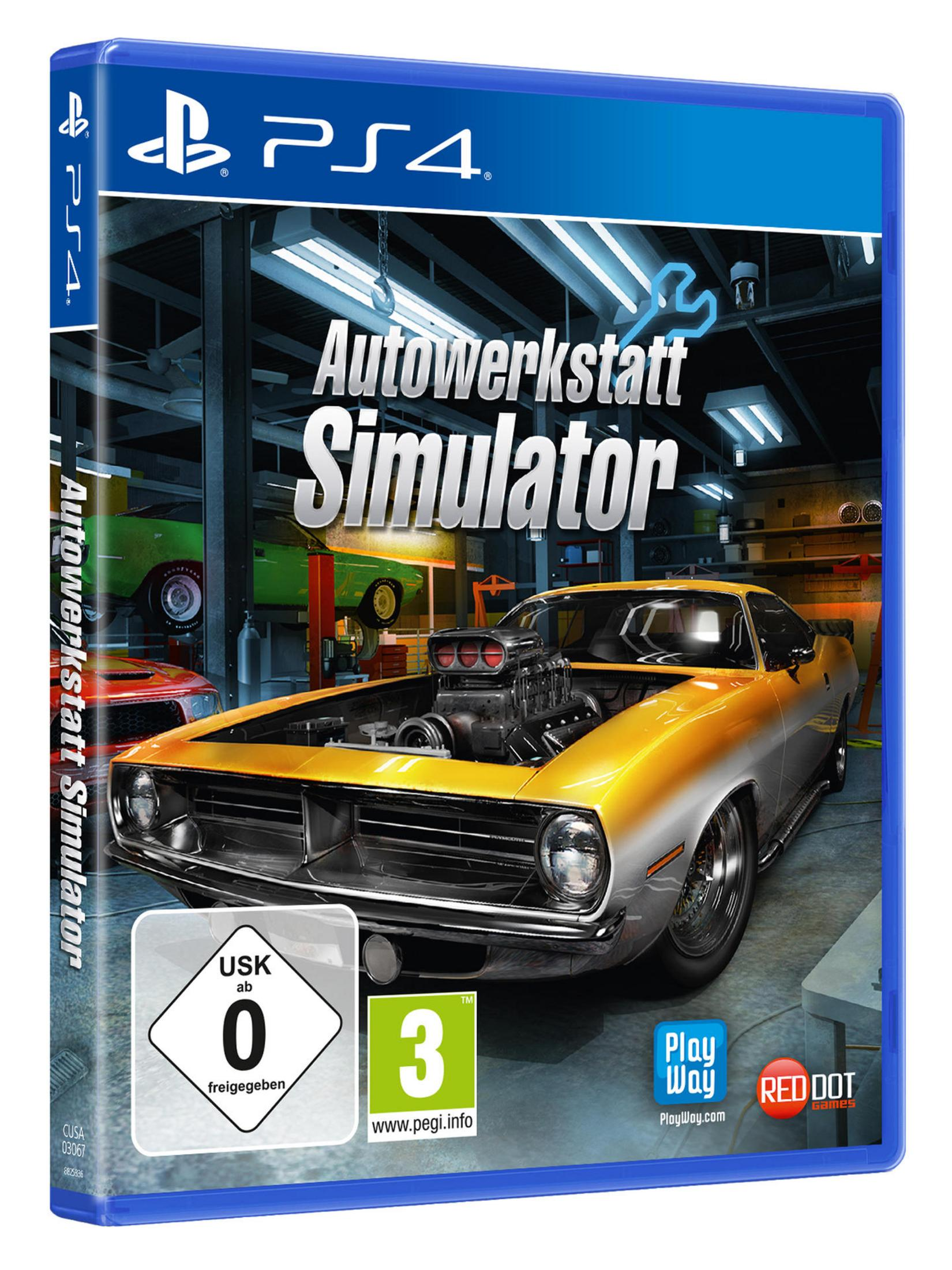 PS4 Spielbox, gelbes Auto, Garagenszene, Titel lautet 'Autowerkstatt Simulator'.