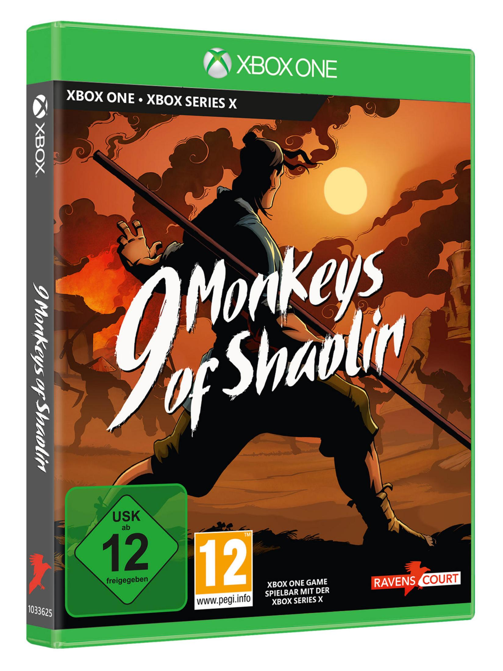 Spielbox-Art. Ein Mann mit Stab ist abgebildet, Spieletitel: 9 Monkeys of Shaolin.