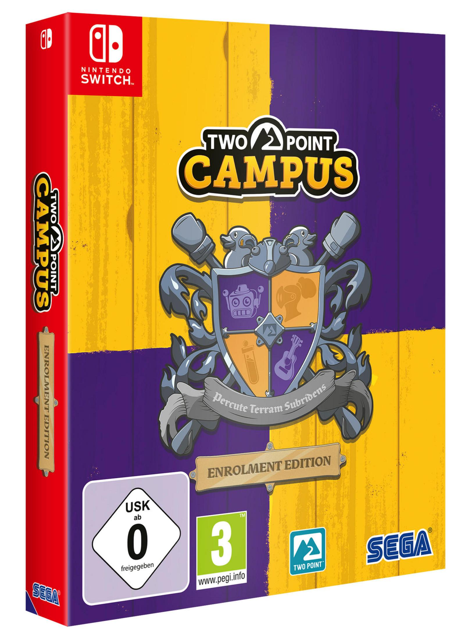 Nintendo Switch-Spielverpackung: 'Two Point Campus'. Buntes Design und Logo.