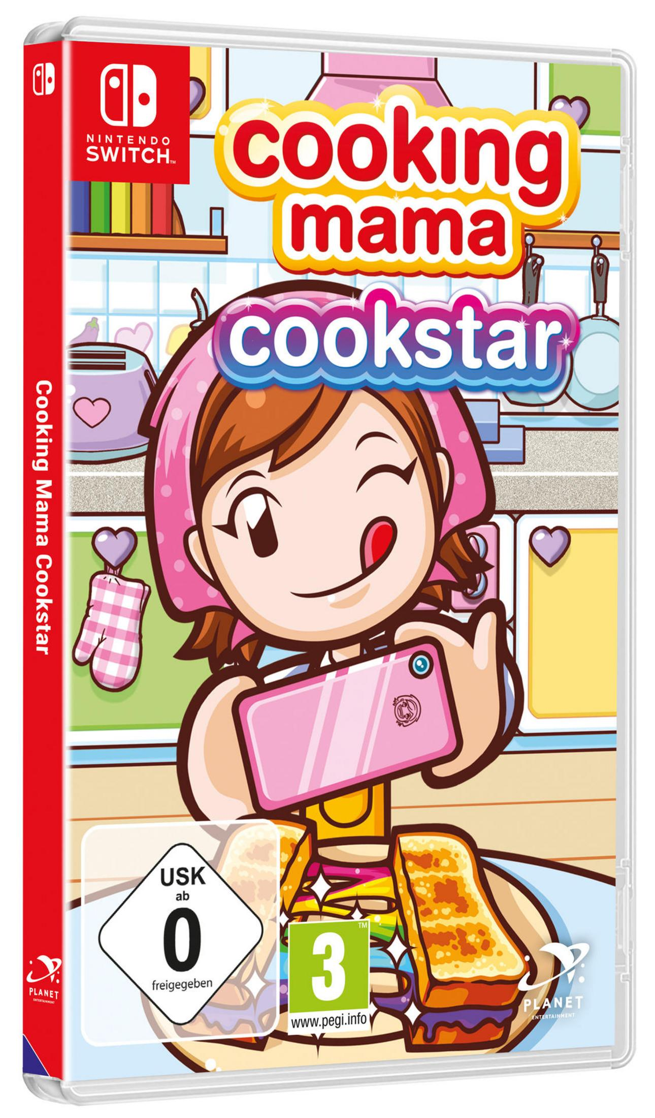Spielbox: Cooking Mama Cookstar, eine Cartoon-Frau hält ein Telefon, Essen auf dem Tisch.