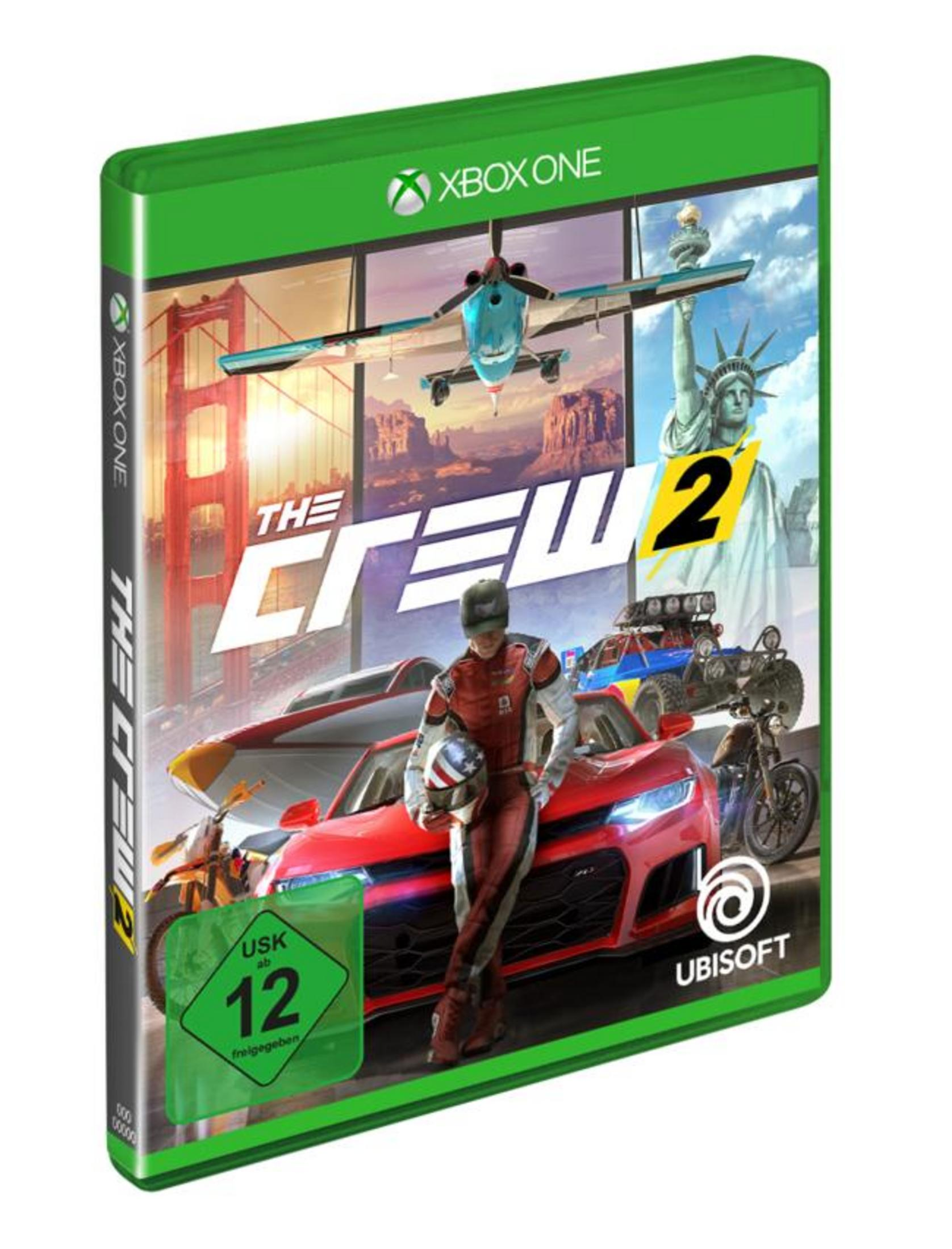Xbox One Spielbox für The Crew 2, mit Autos, Flugzeugen und einer Figur. Grüne Box.