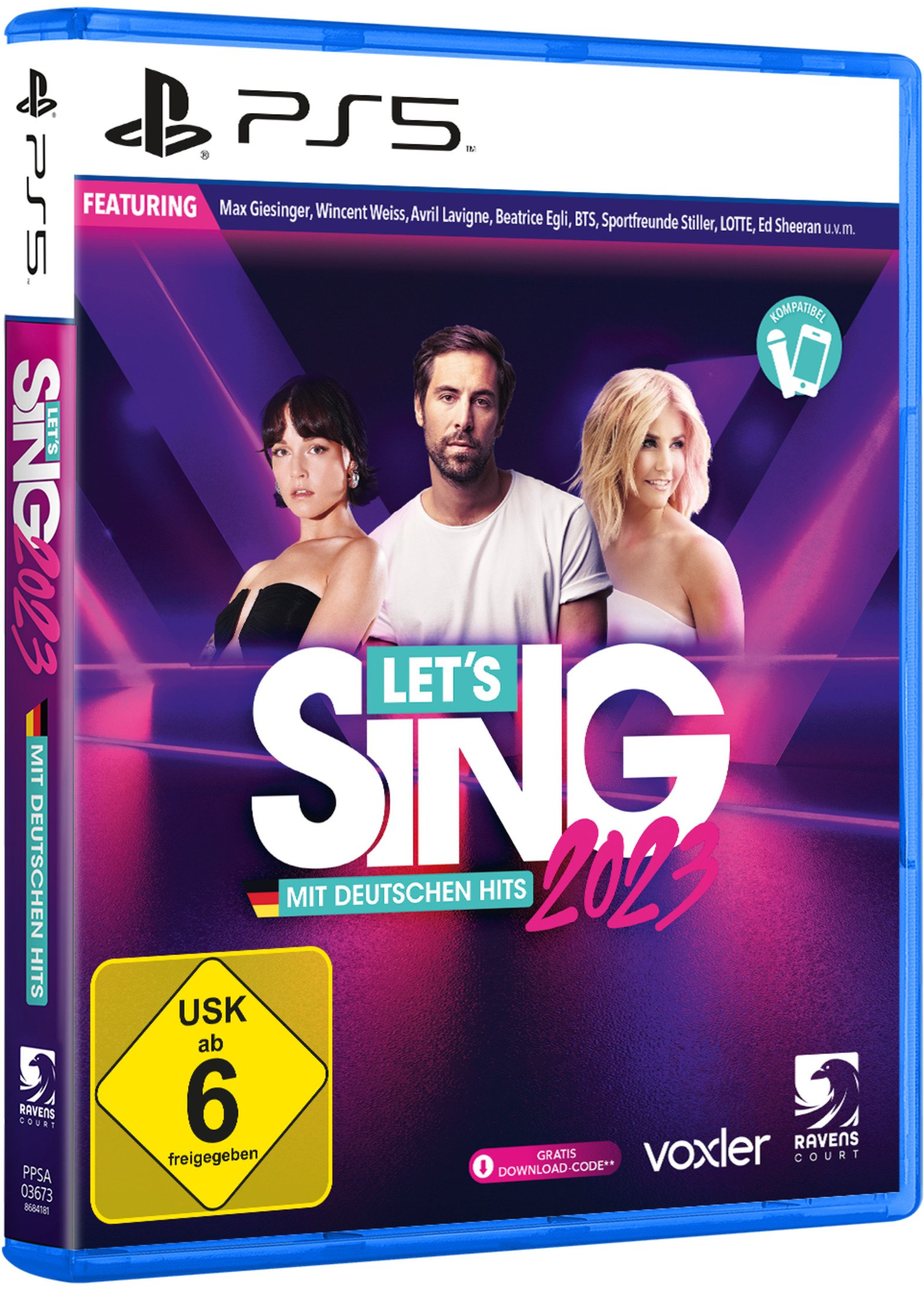 Spielverpackung: Let's Sing 2023. Personen auf dem Cover mit dem Spieletitel.