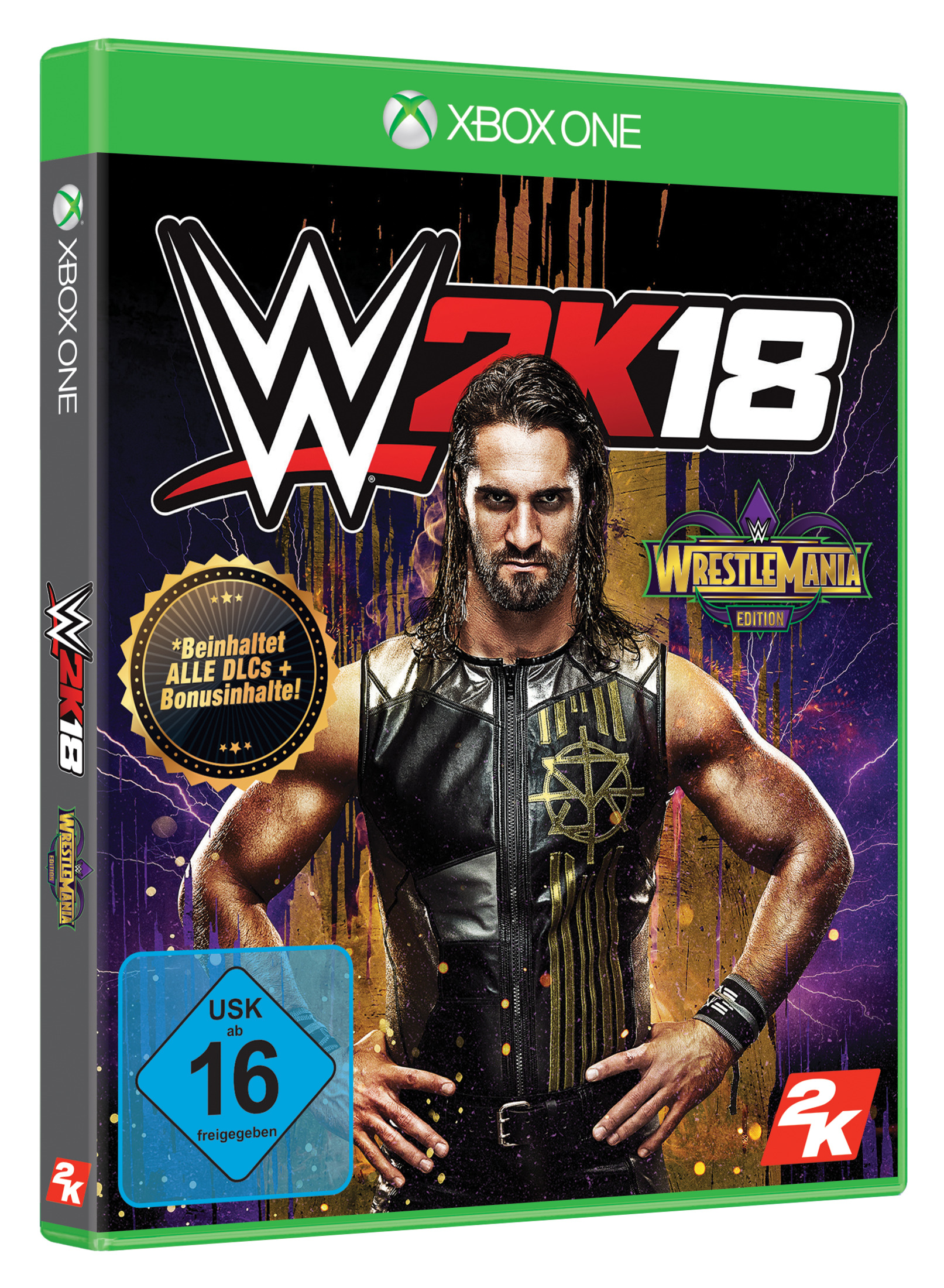 Xbox One-Spielcover. WWE 2K18 mit einem Wrestler, mit einer USK 16-Bewertung unten.