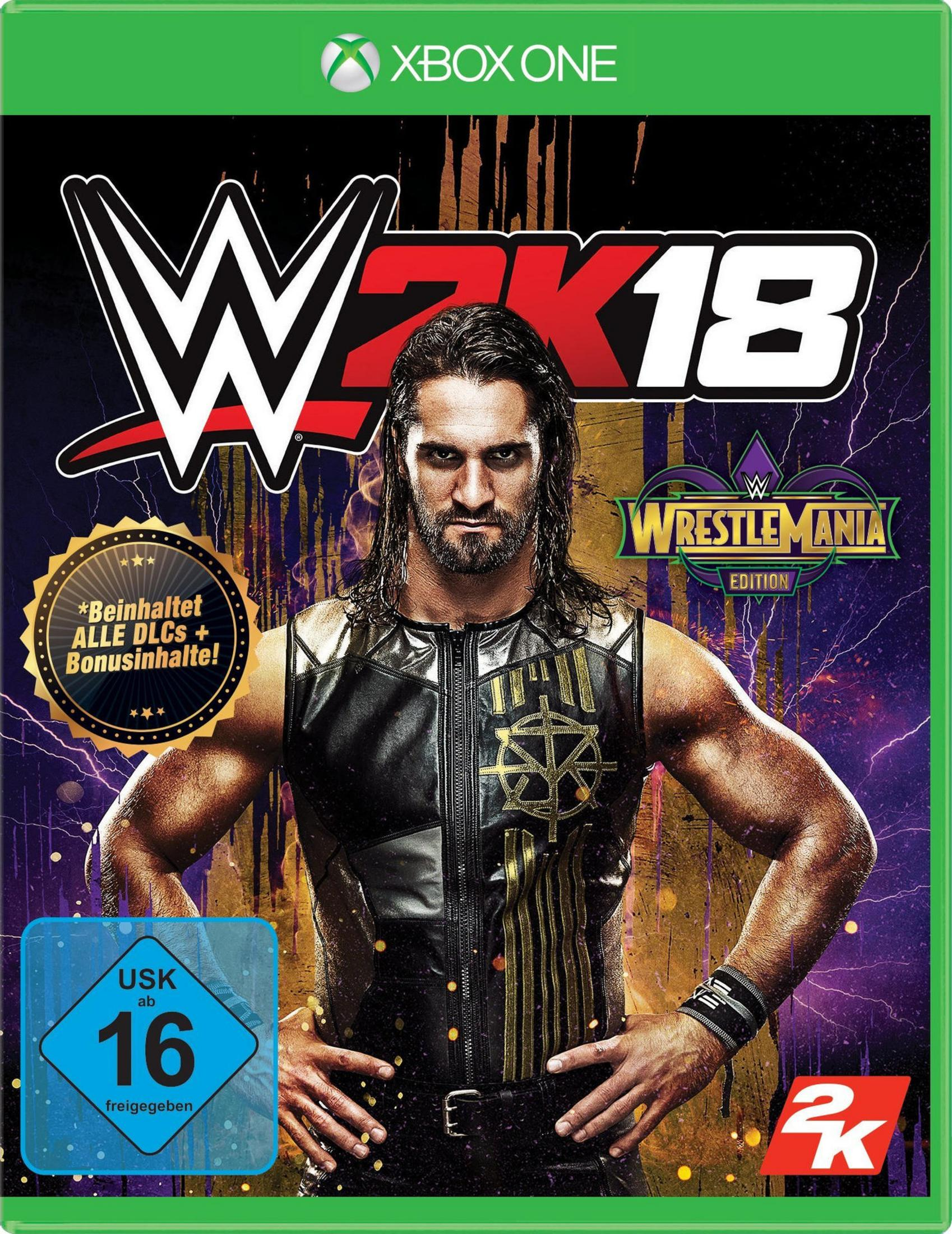 WWE 2K18 Videospielbox. Seth Rollins auf dem Cover, mit einem WrestleMania-Logo.