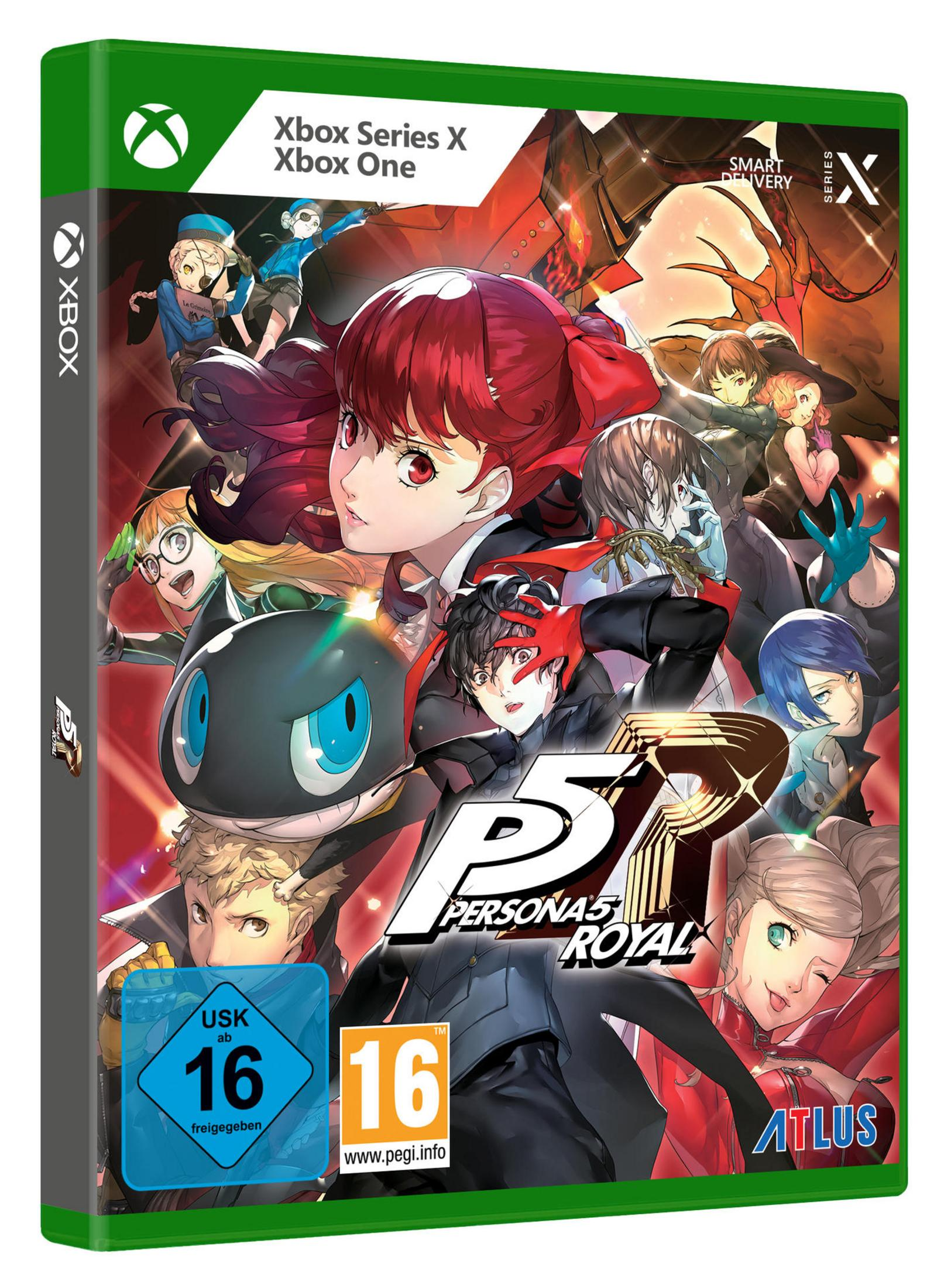 Persona 5 Royal Spielbox. Anime-Charaktere, Titel und Xbox Series X Logo.