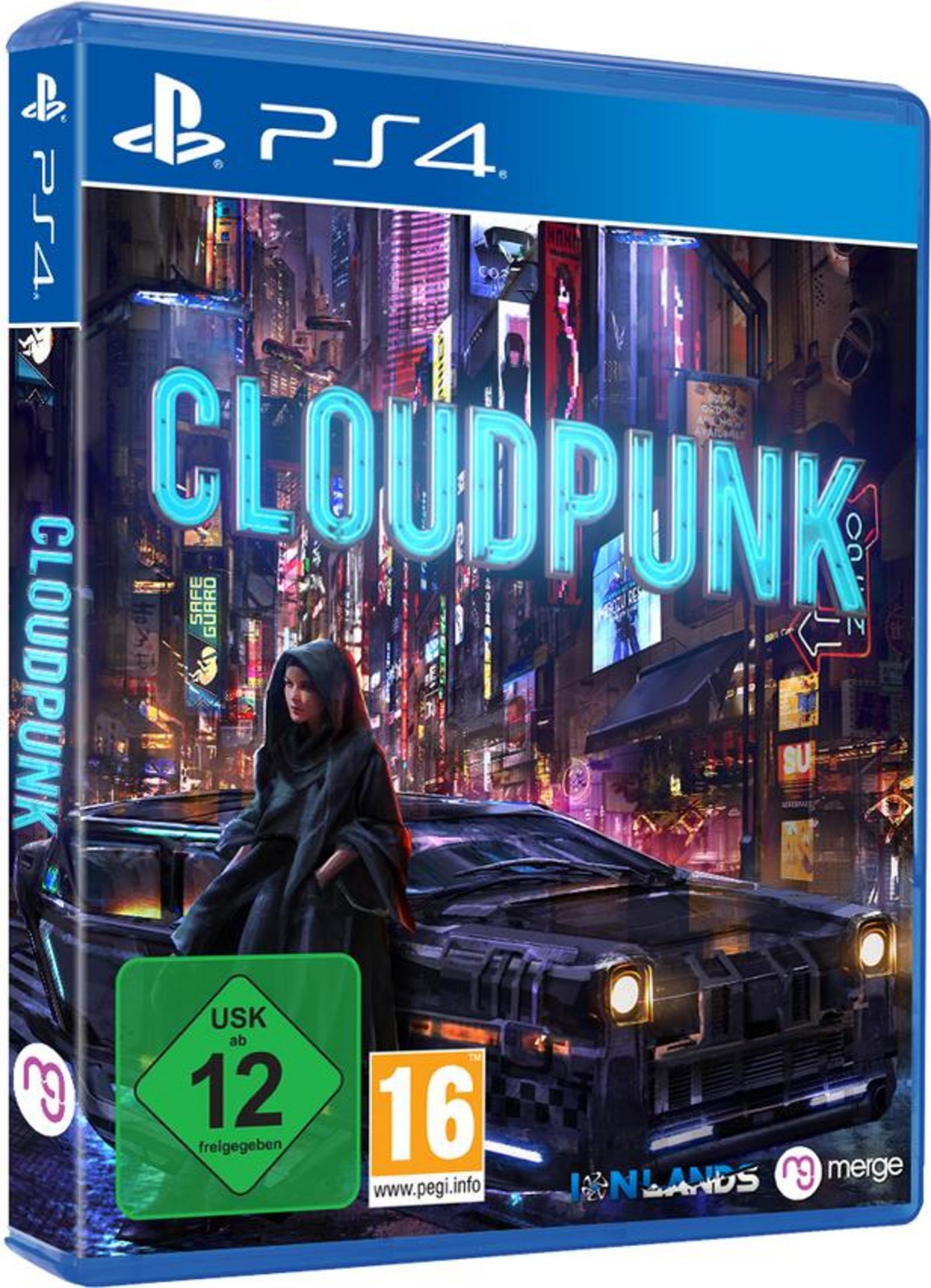 Cloudpunk Spielbox für PS4. Frau in einem Mantel, futuristische Stadt. Dunkler Hintergrund.