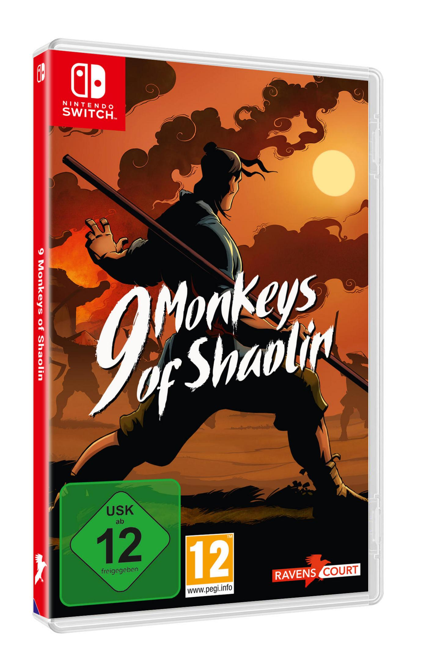 Spielbox-Art. Ein Mann mit Stab ist abgebildet, Spieletitel: 9 Monkeys of Shaolin.