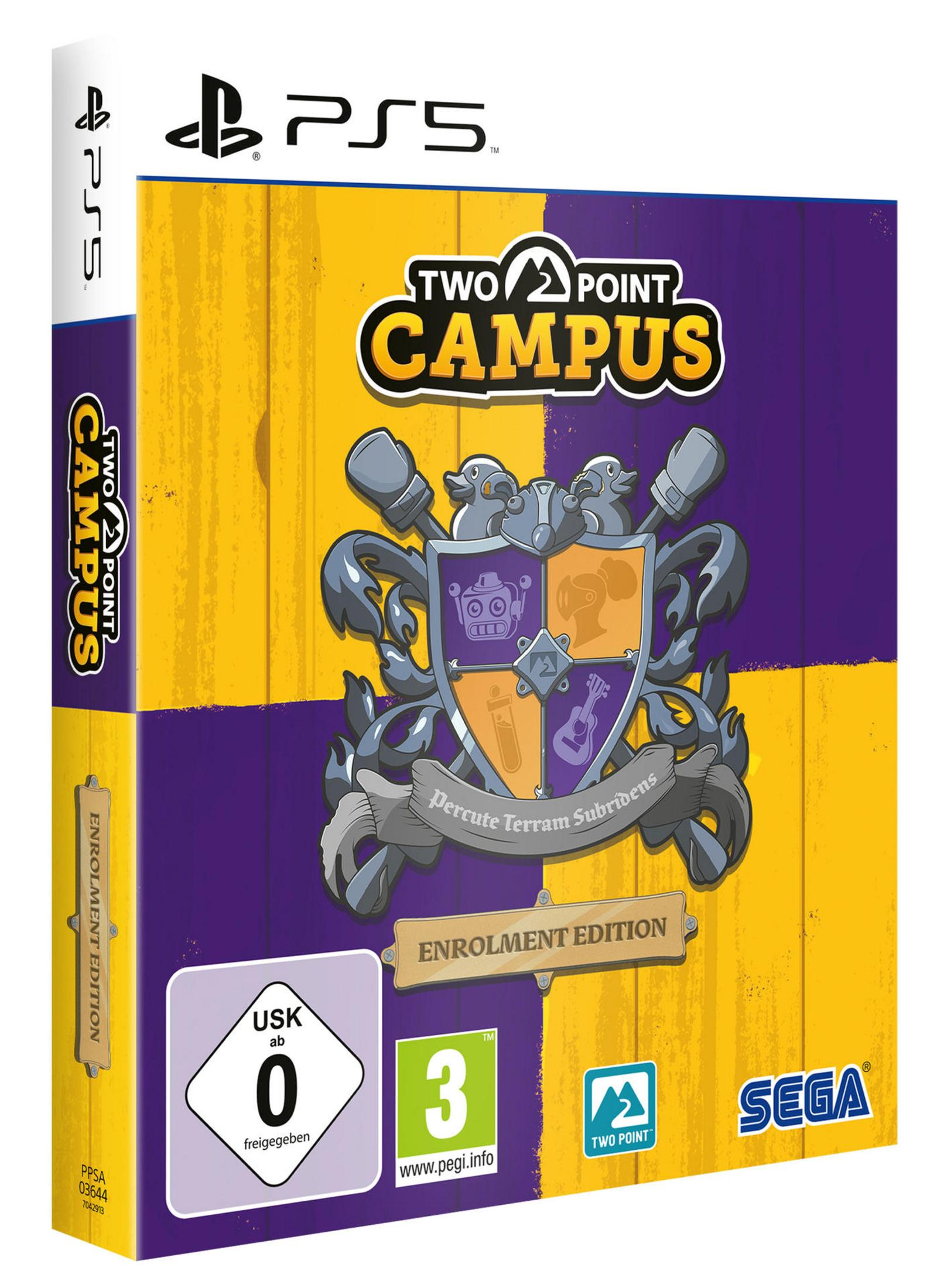 Two Point Campus Spielbox, mit einem Schild mit Universitäts-Elementen.
