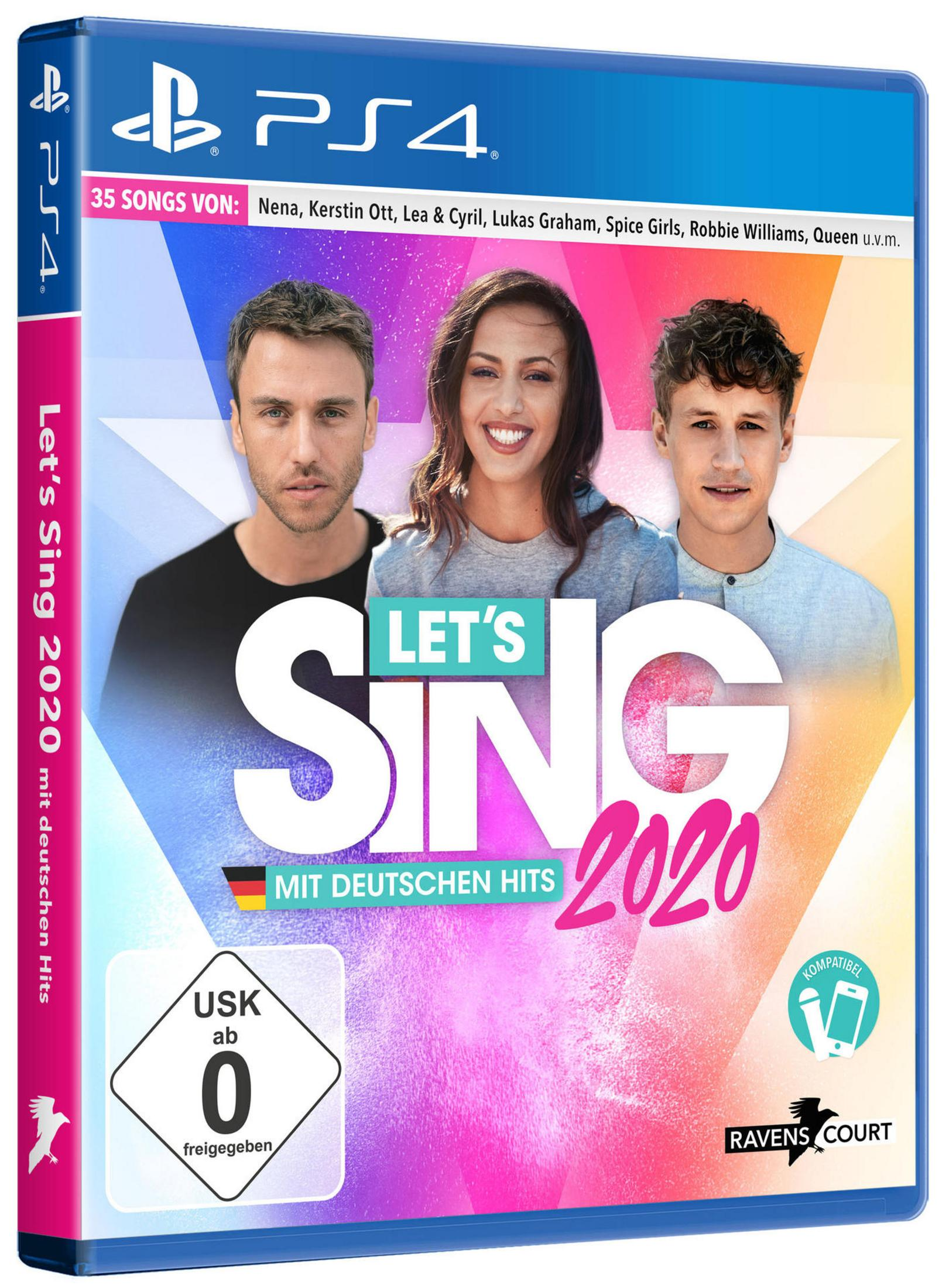 PS4-Spielbox. 'Let's Sing 2020 mit deutschen Hits' Titel wird mit drei Personen angezeigt.
