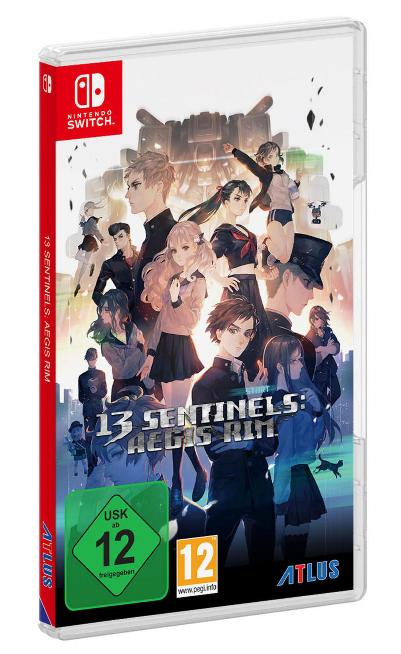 Nintendo Switch-Spielbox: 13 Sentinels: Aegis Rim. Zeigt Charaktere im Anime-Stil.