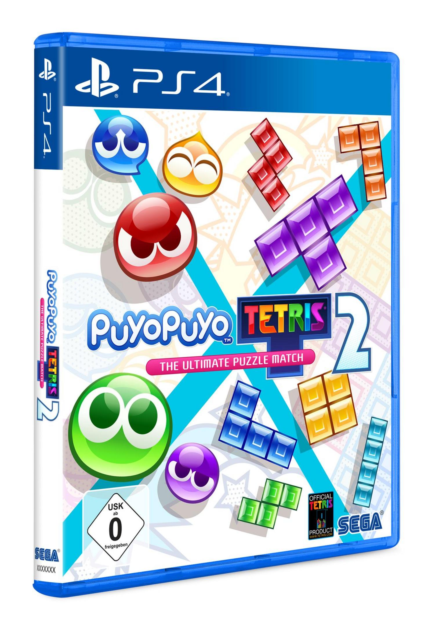 PS4-Spielbox: Puyo Puyo Tetris 2. Bunte Blob-Charaktere und Tetris-Blöcke auf weißem Hintergrund.