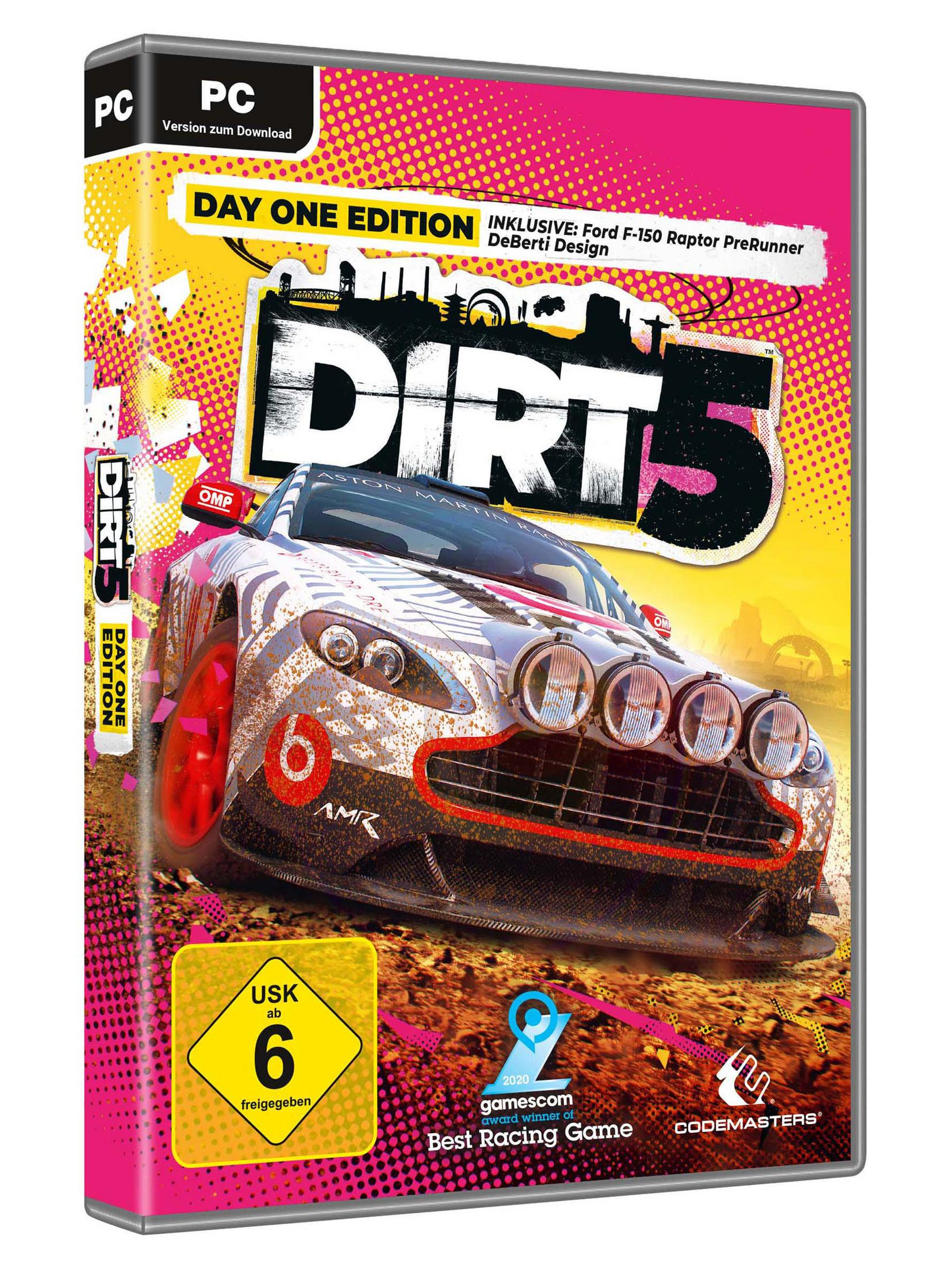 Spielbox für 'DIRT 5' auf PC, mit einem Rennwagen auf einer Dirt-Strecke mit dem Titel des Spiels.