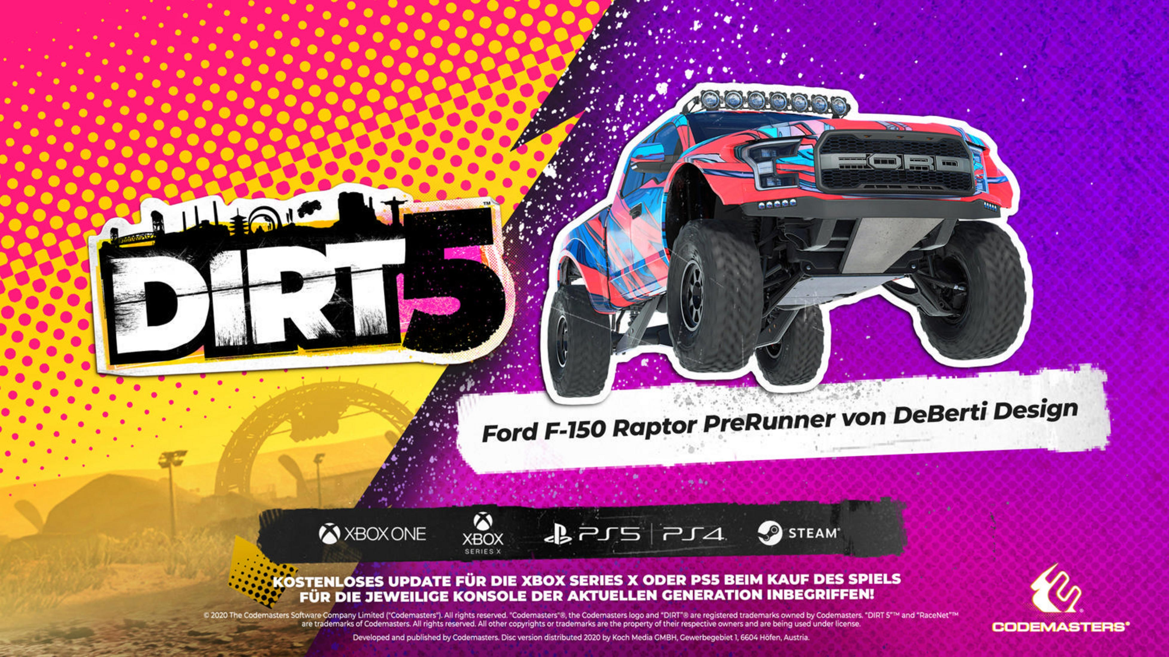 Spielwerbung für DIRT 5 mit Ford F-150 Raptor. Rosa und gelber Hintergrund mit Logos.