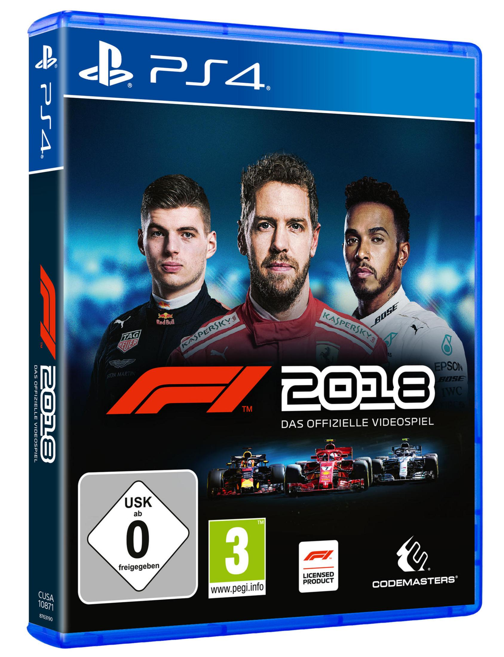 F1 2018 Spielhülle. Zeigt Rennwagen und Fahrer mit einem USK 0+ Label.