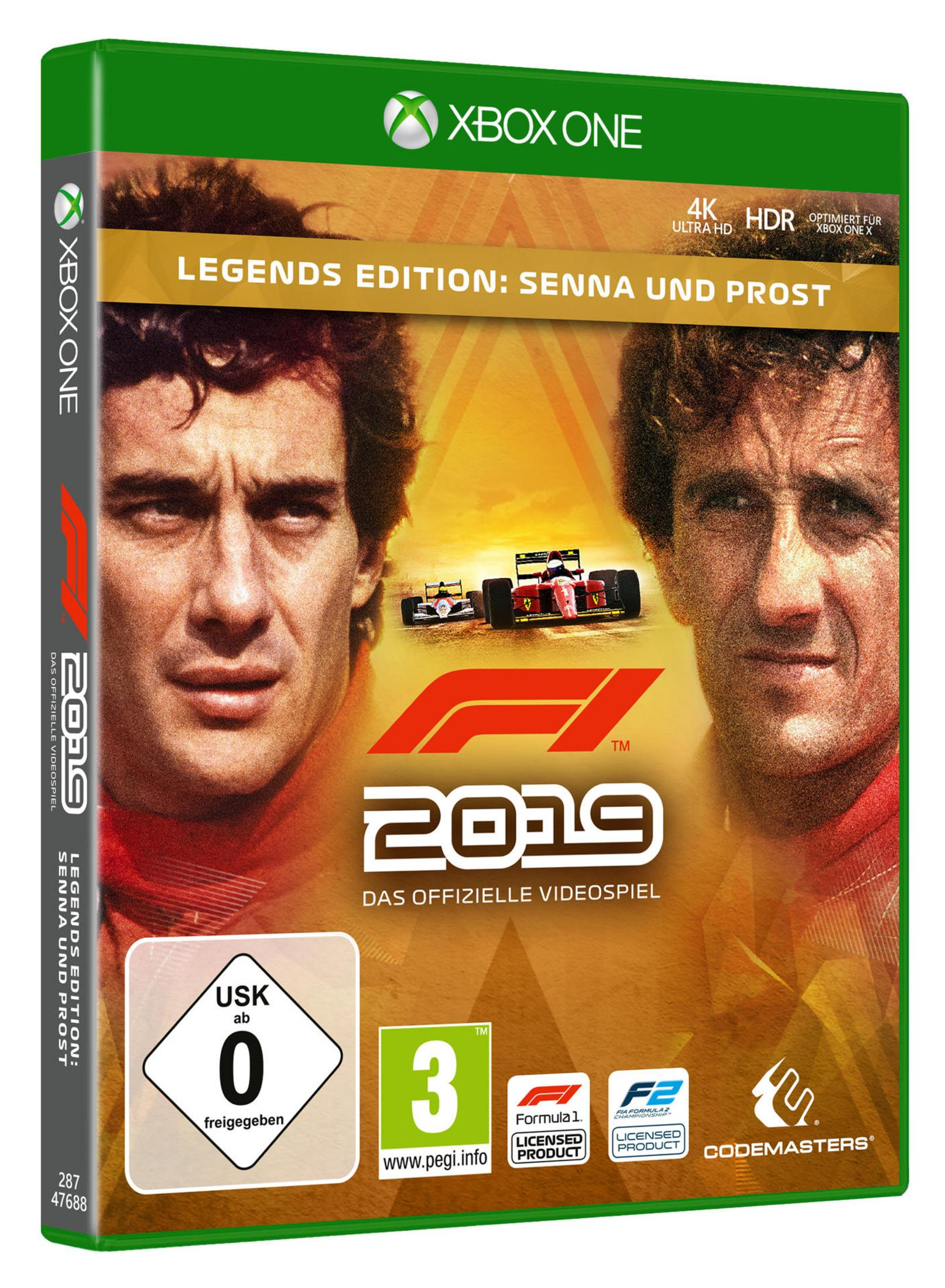 Xbox One Spielbox mit Senna und Prost. Rennwagen sind auf dem Cover, mit dem Logo.