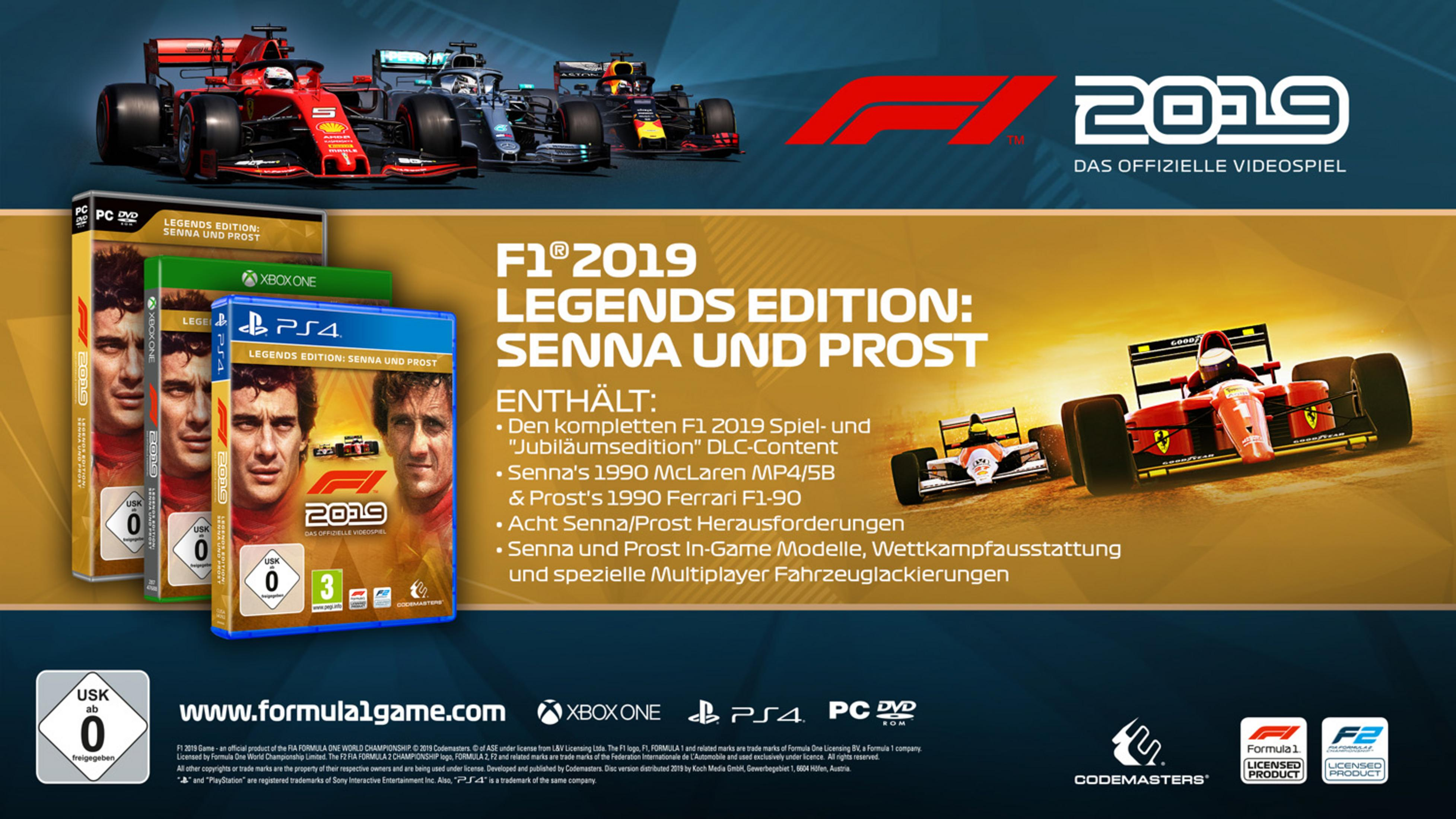 Eine Werbung für das F1 2019 Spiel. Es zeigt Spielboxen, Autos und Text zum Spiel.
