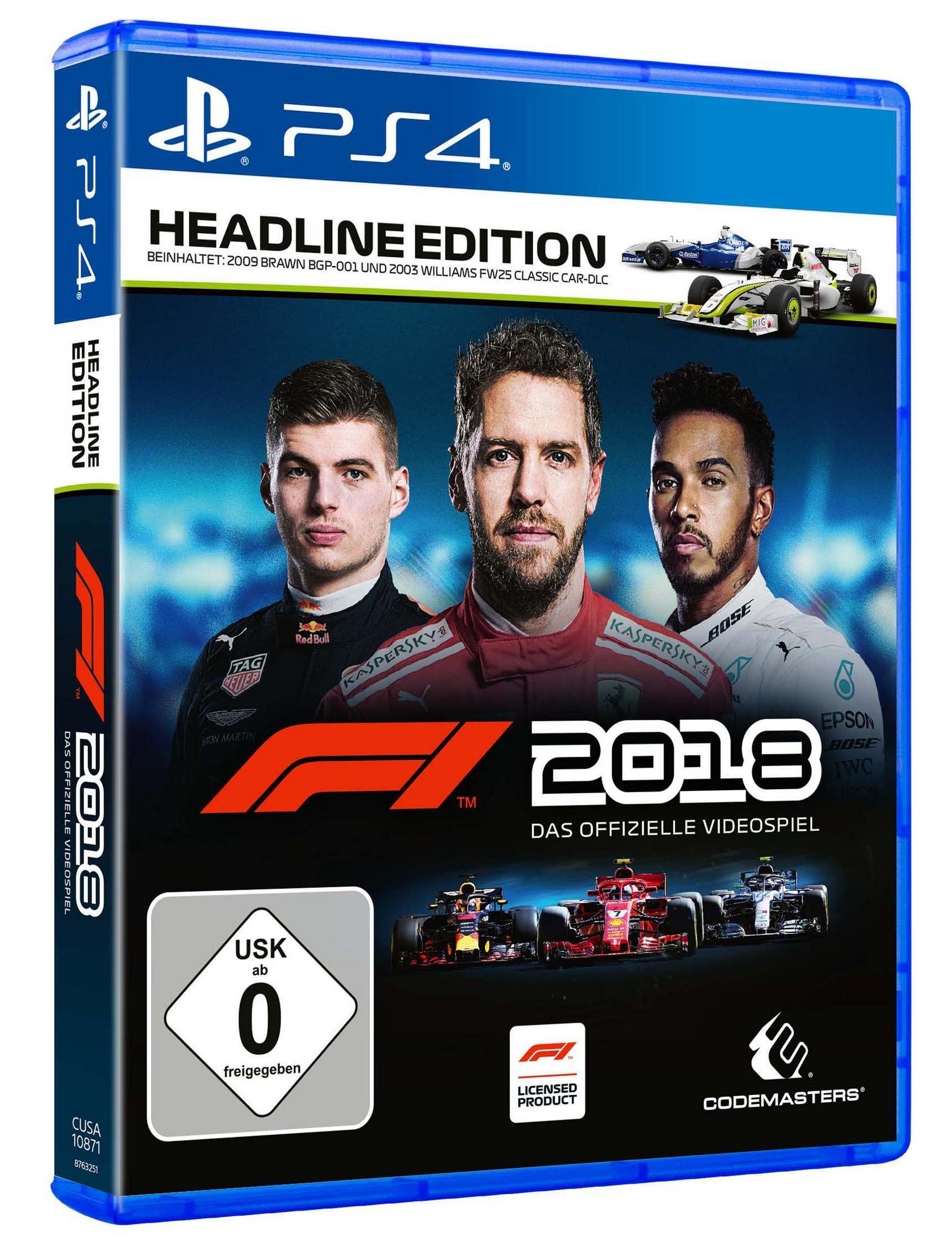PS4-Spielhülle. Zeigt drei Rennfahrer auf dem Cover und das F1 2018 Logo.