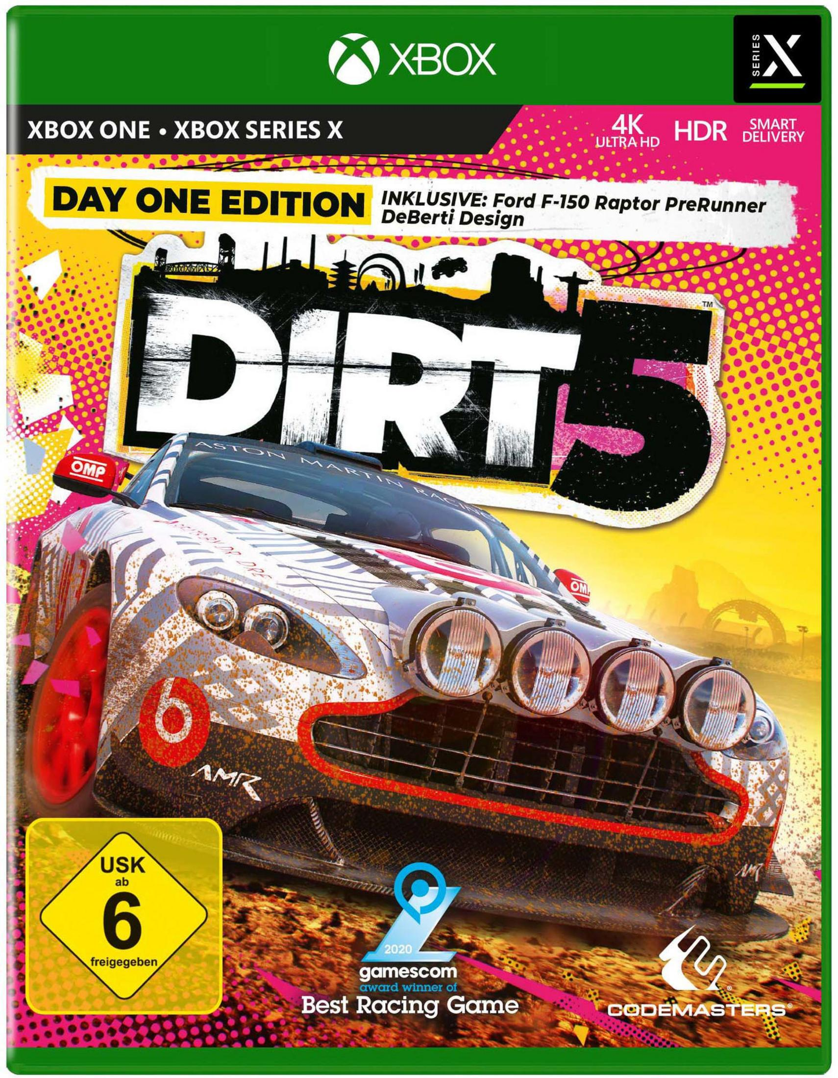 Spielcover für Dirt 5 auf Xbox Series X/Xbox One, mit Rennwagen und Spieldetails.