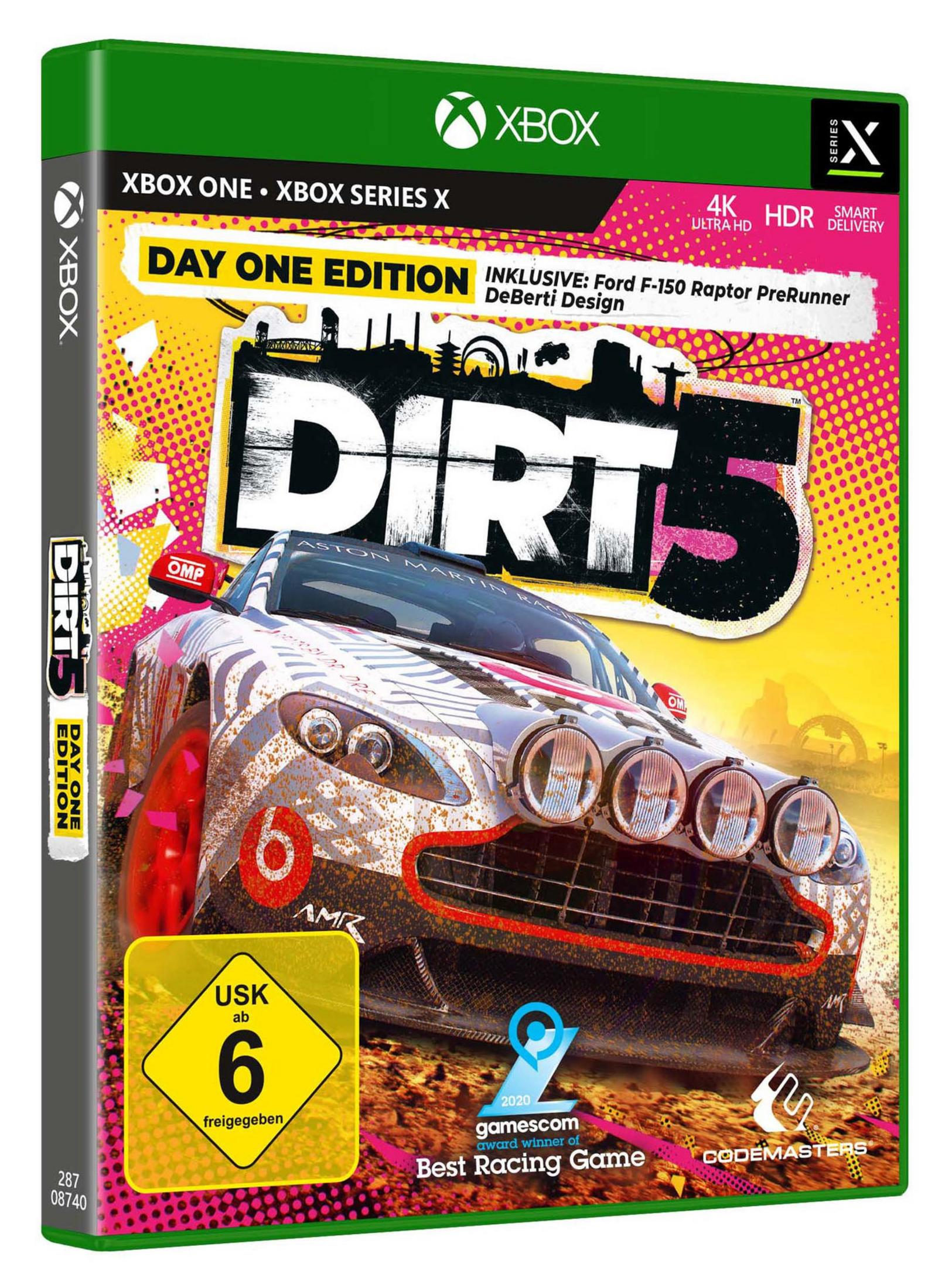Spielbox für Dirt 5, weißes Rallyeauto auf dem Cover.