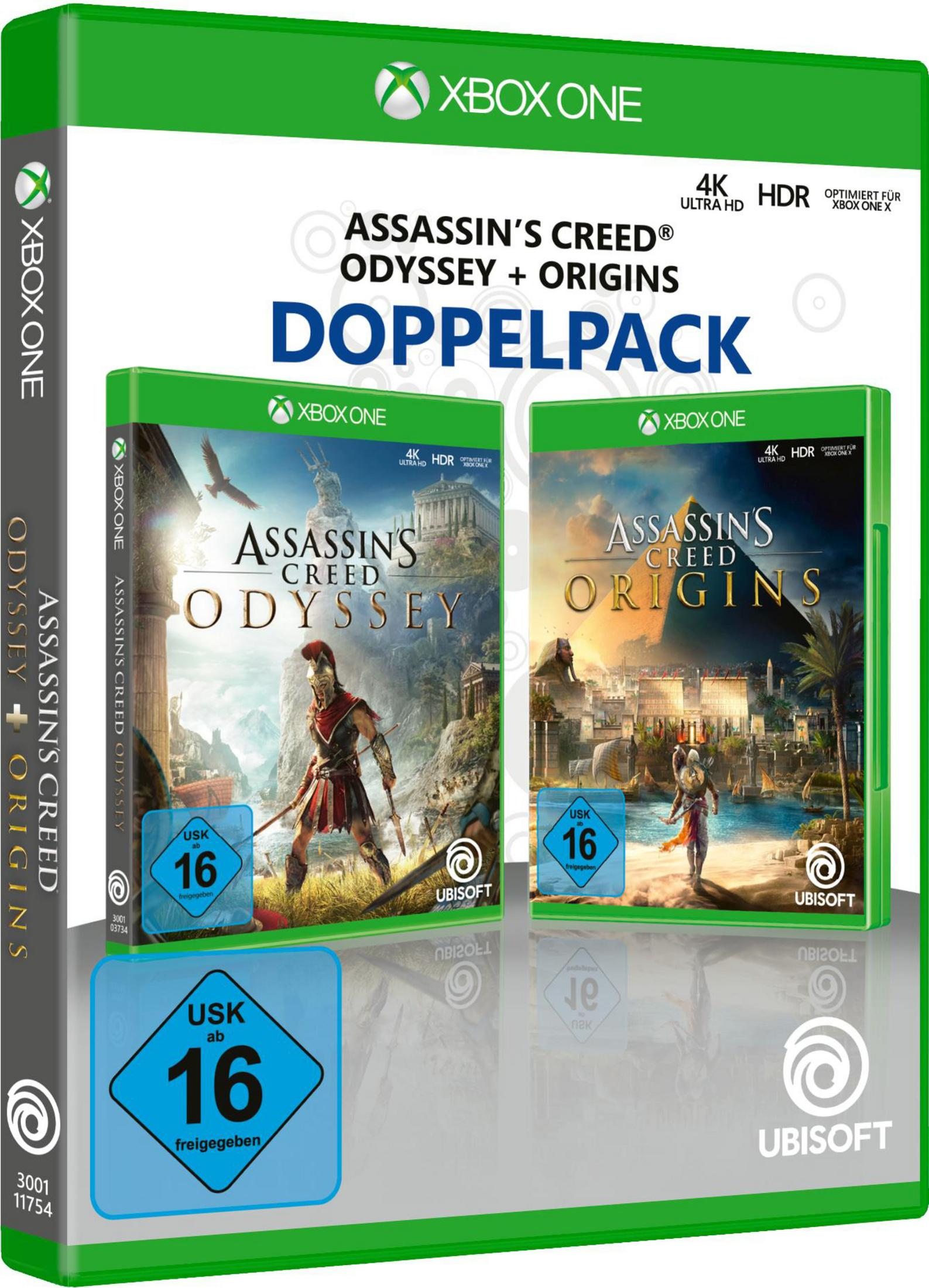 Xbox One Spielhülle. Enthält Assassin's Creed Odyssey und Origins. Grüne Hülle, weißer Text.