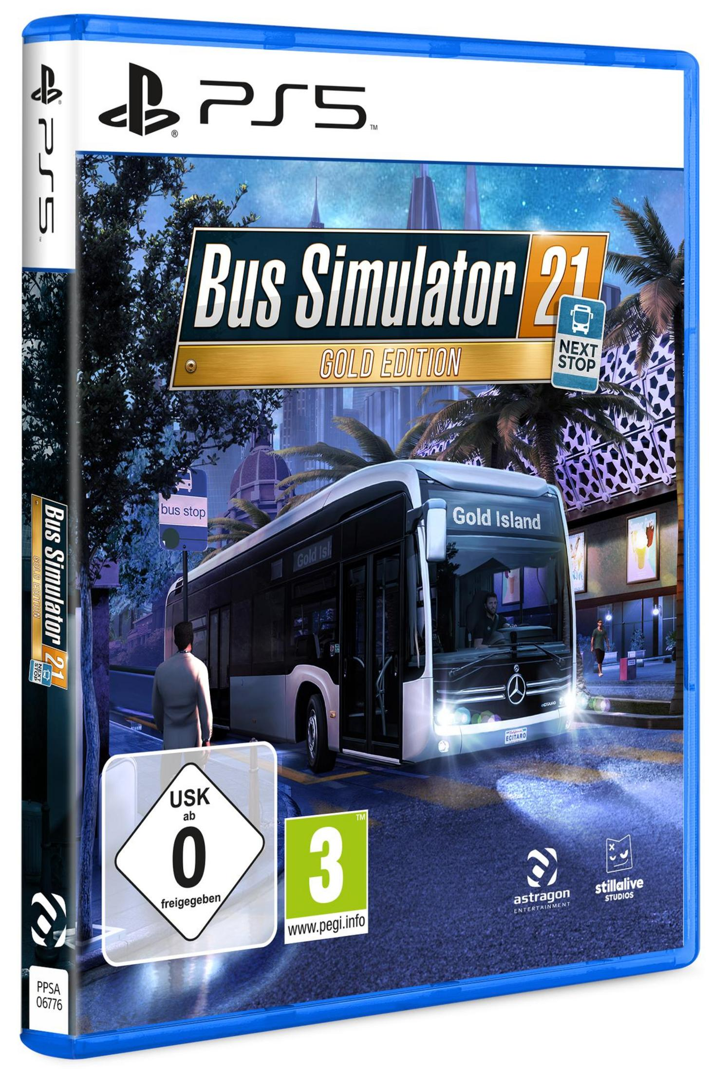 Pudełko z grą Bus Simulator 21. Biały autobus na ulicy miasta. Niebieska obudowa.
