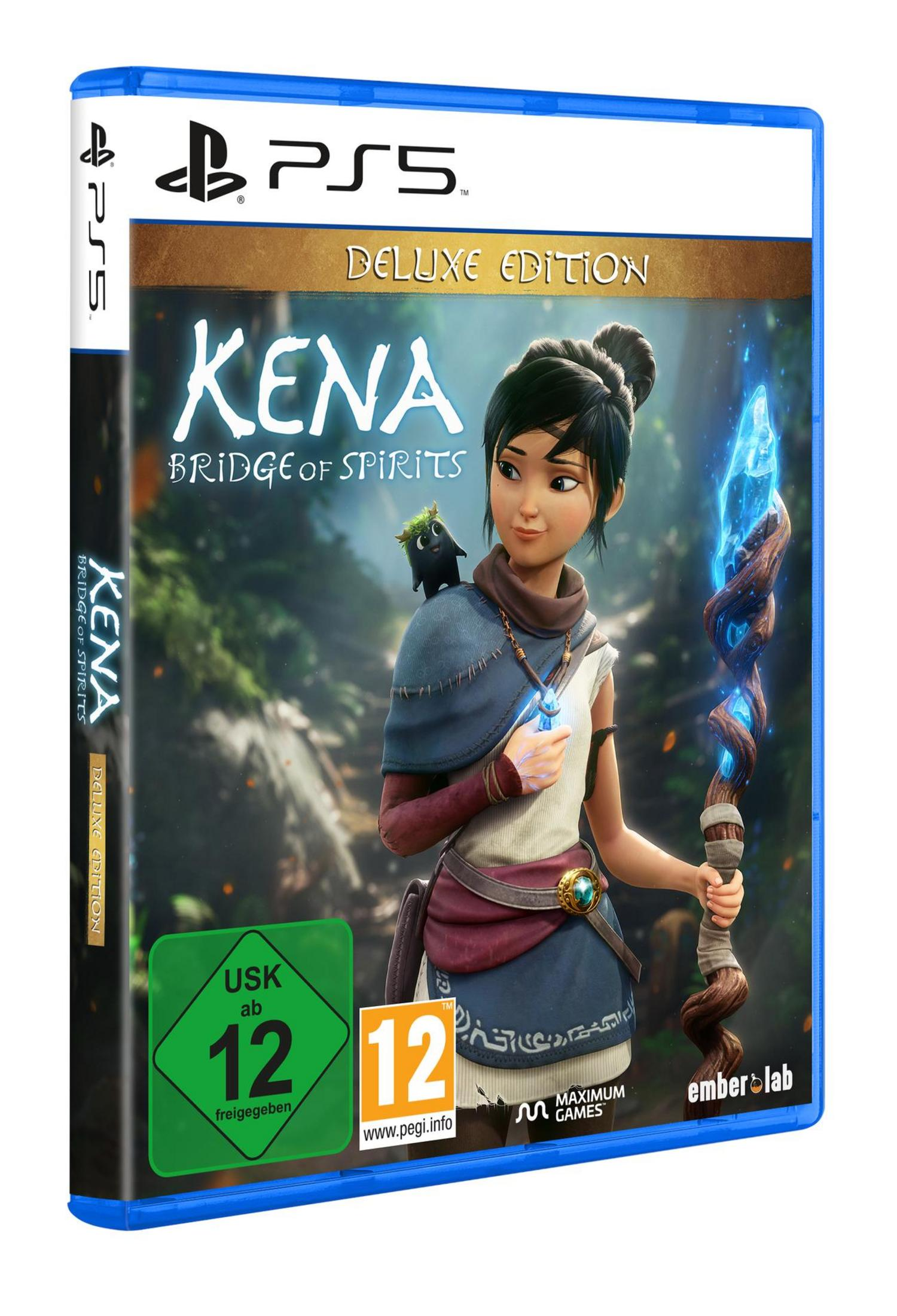 Kena: Bridge of Spirits Spielbox, mit der Hauptfigur mit einem Stab.