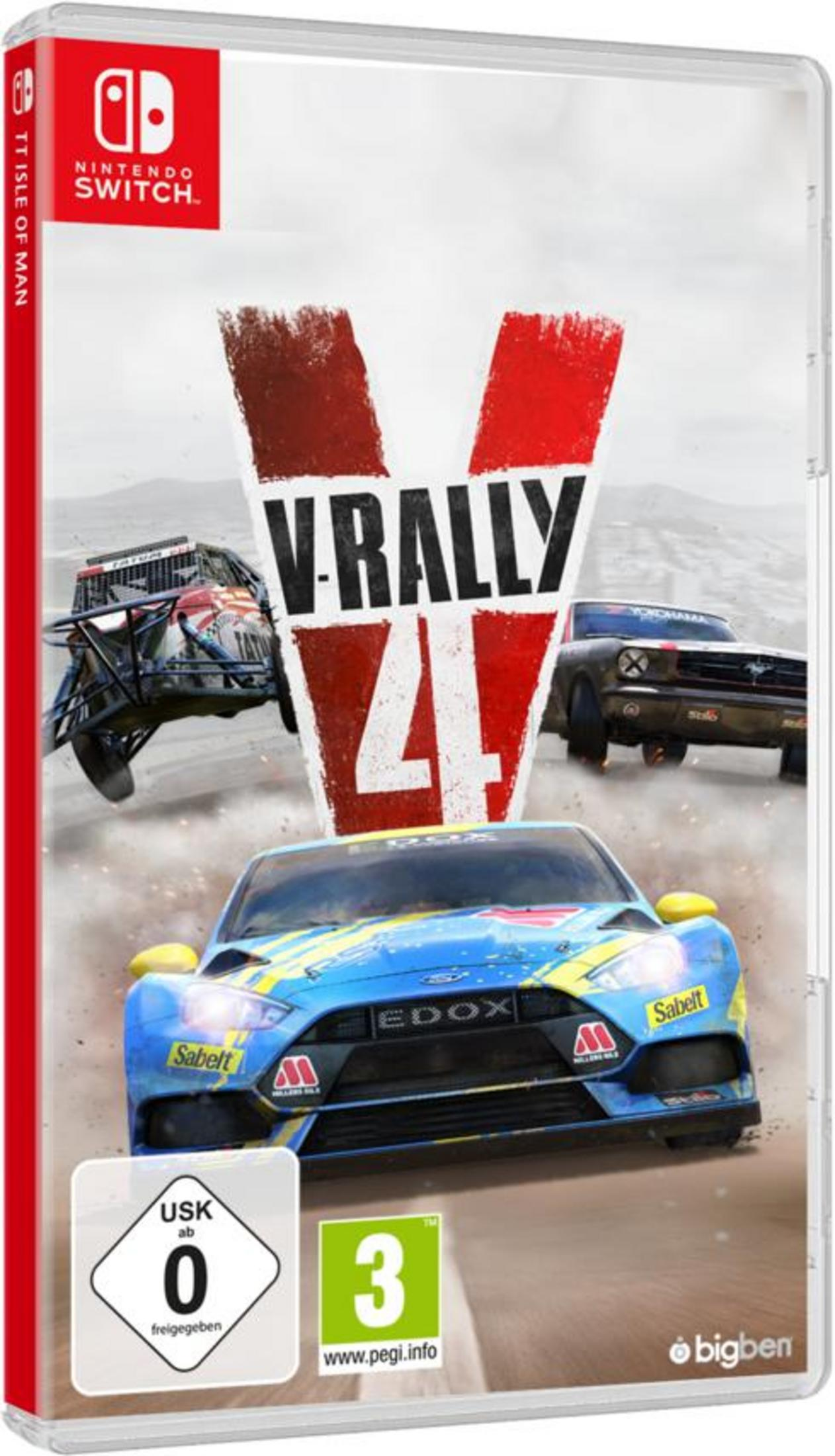 V-Rally 4 Spielhülle. Zeigt ein Rennauto und ein USK 3+ Label.